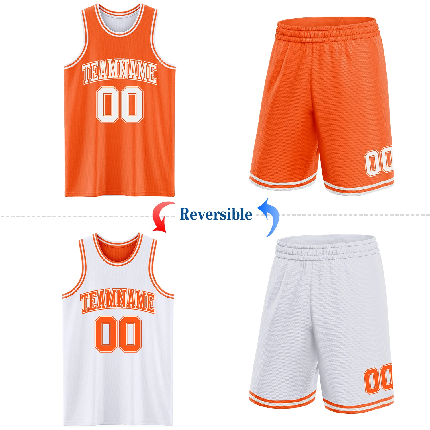 Custom Reversible Orange White Double Side Sublimation Basketball Suit Jersey
