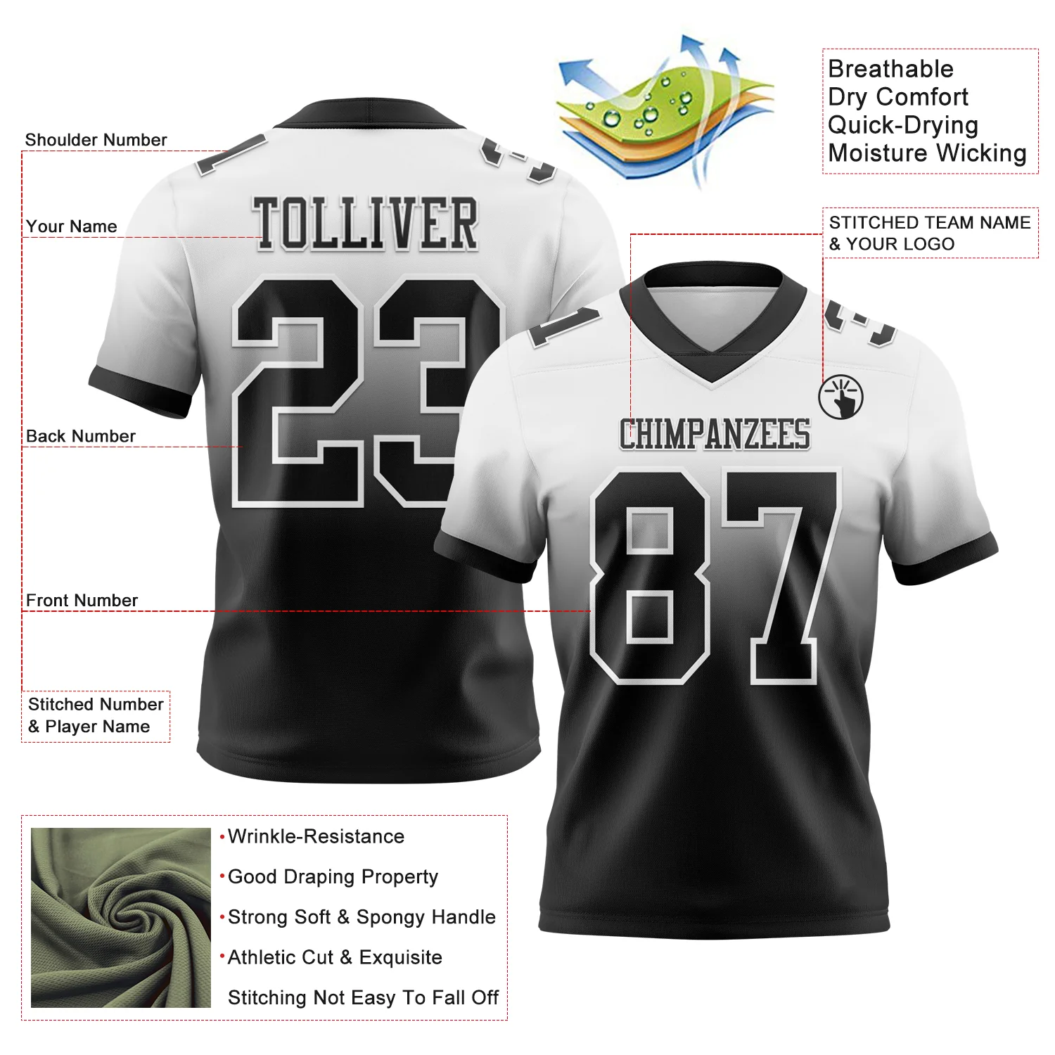 Custom White Black Authentic Fade Fashion Football Jersey