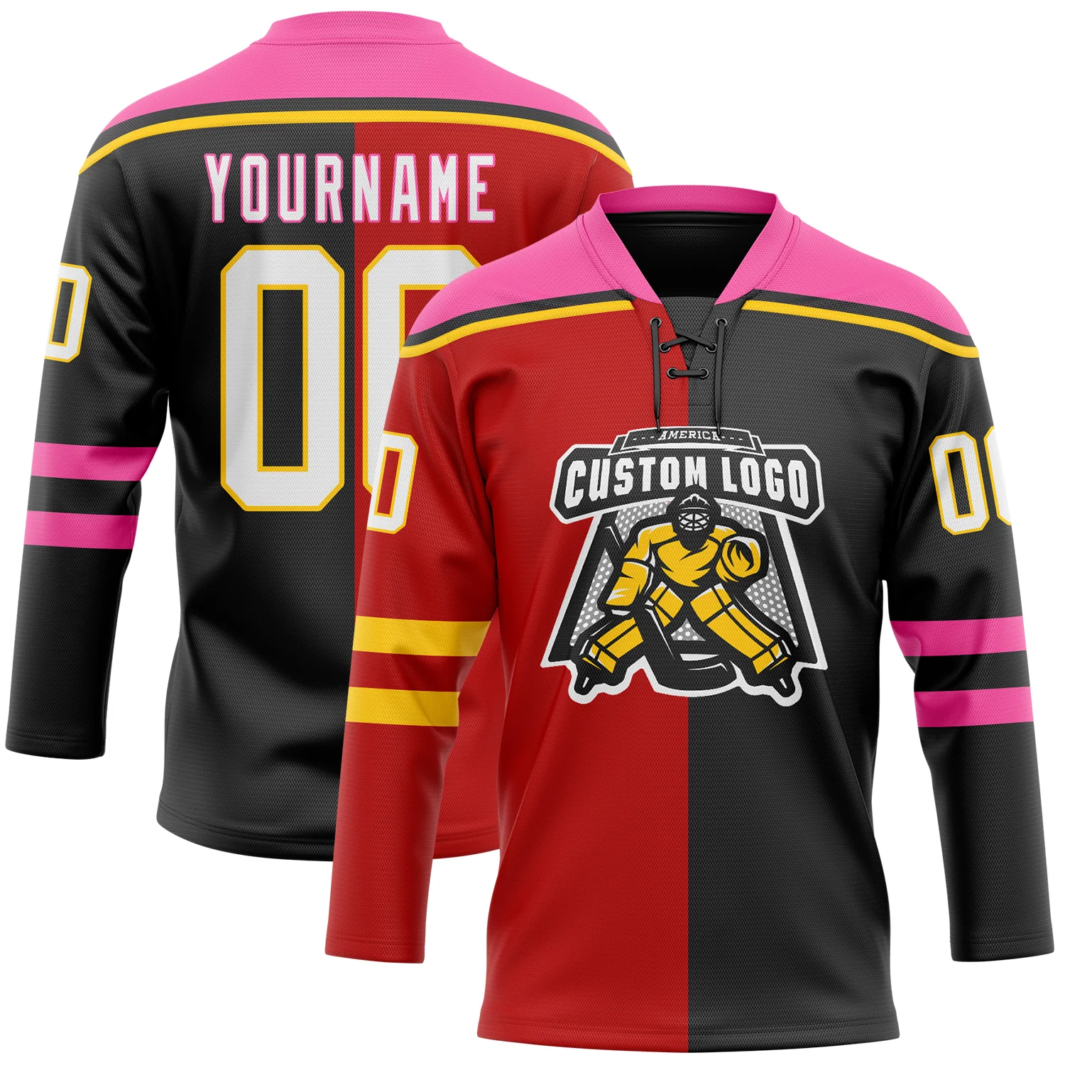 Custom Black White Red Pink-Yellow Split Fashion Hockey Lace Neck Jersey