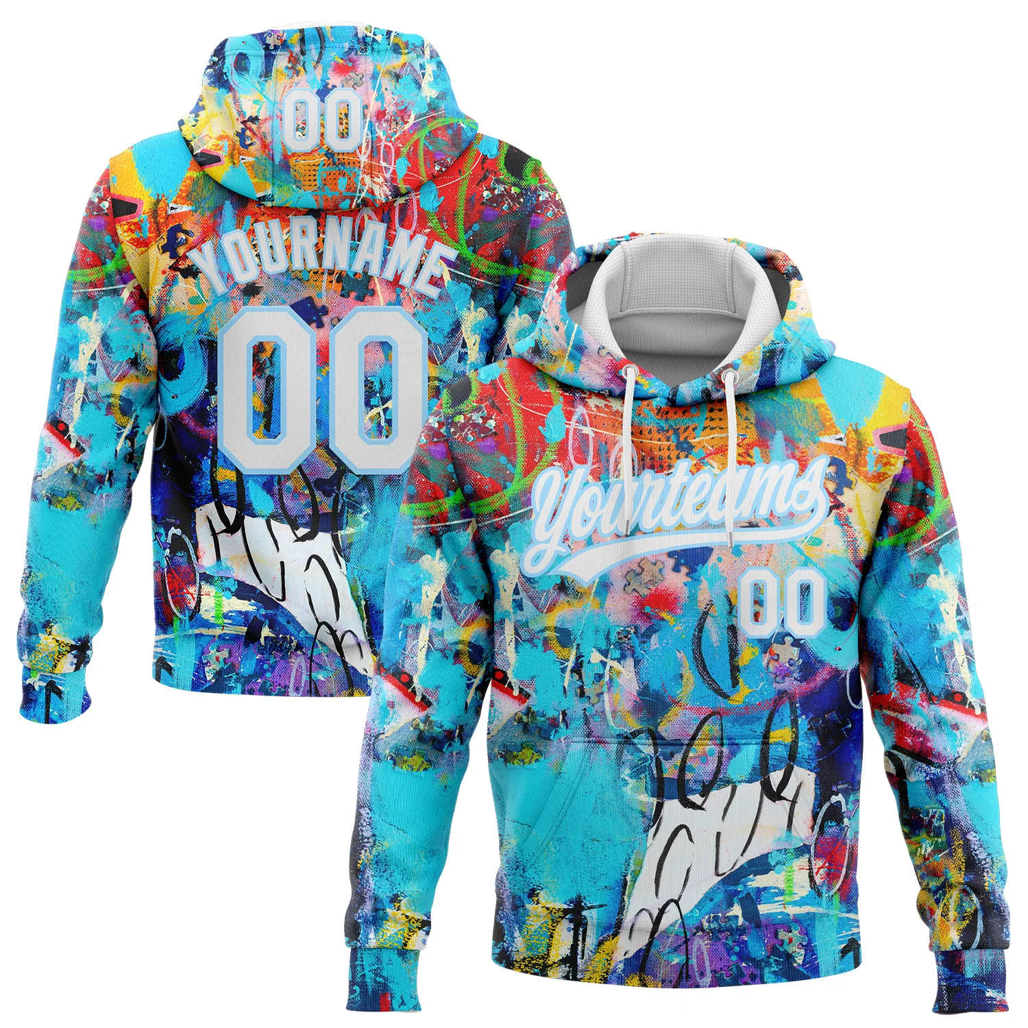 Custom Stitched Graffiti Pattern White-Light Blue 3D Abstract Splash Sports Pullover Sweatshirt Hoodie