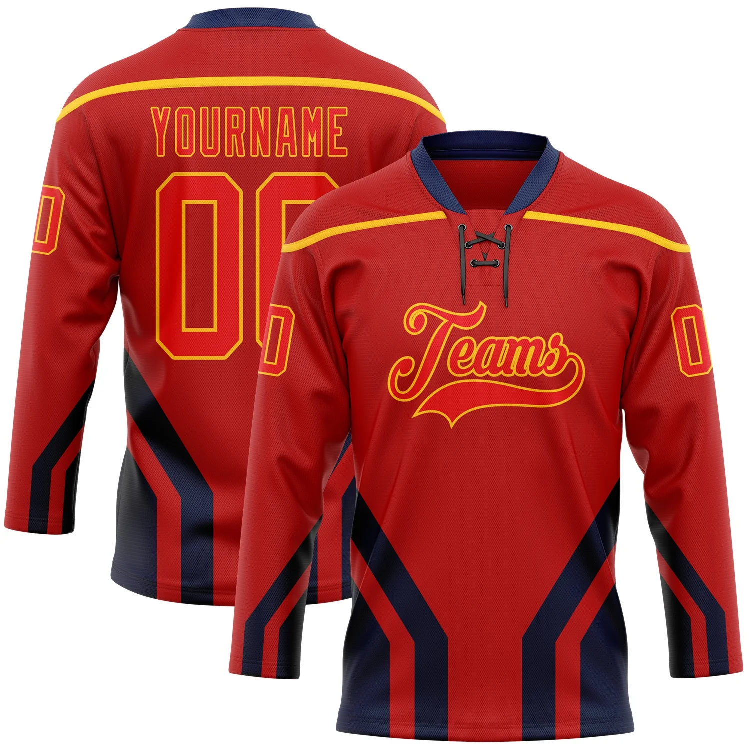 Custom Red Fire Red Gold-Navy 3D Abstract Pattern Graphic Cyber Mecha E-sport Hockey Lace Neck Jersey