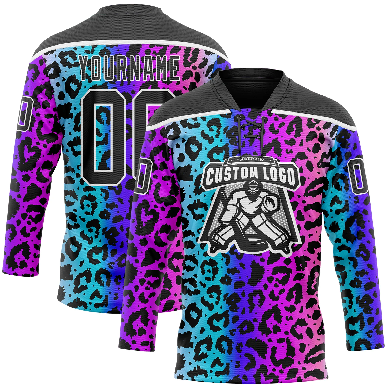 Custom Pink Black Blue-White 3D Pattern Leopard Print Neon Hockey Lace Neck Jersey