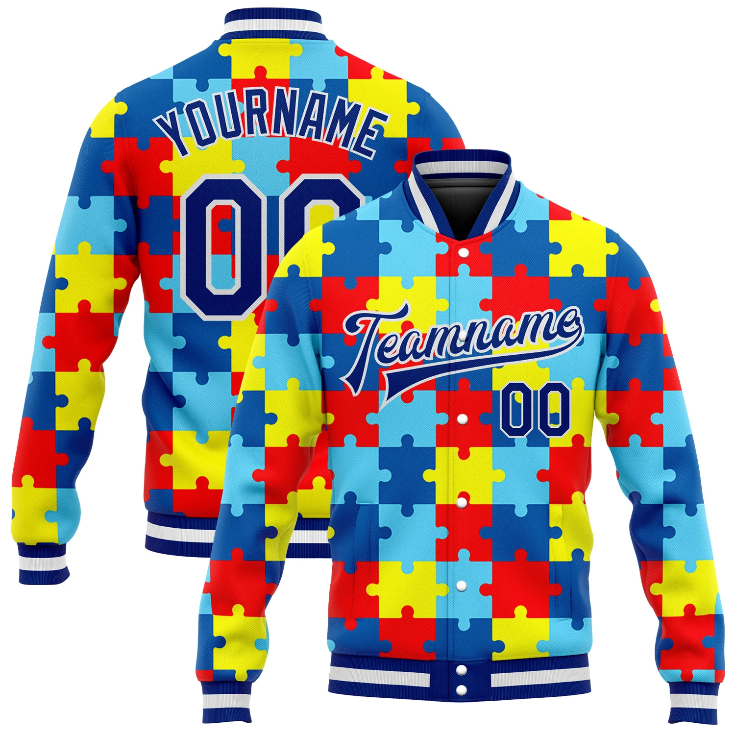 Custom Autism Supporter Awareness Puzzle Pieces Royal-White 3D Bomber Full-Snap Varsity Letterman Jacket
