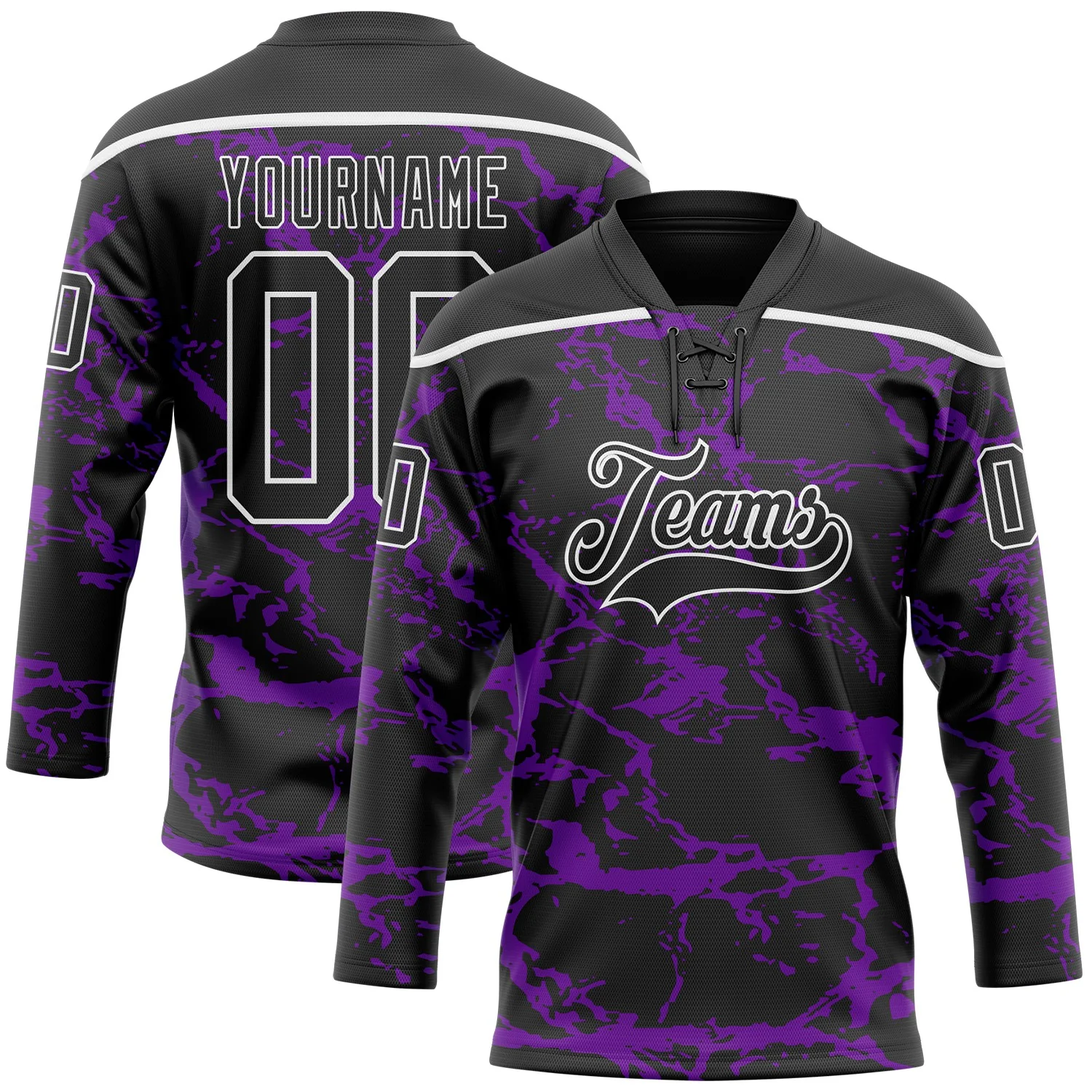 Custom Black Purple-White 3D Pattern Lightning Hockey Lace Neck Jersey