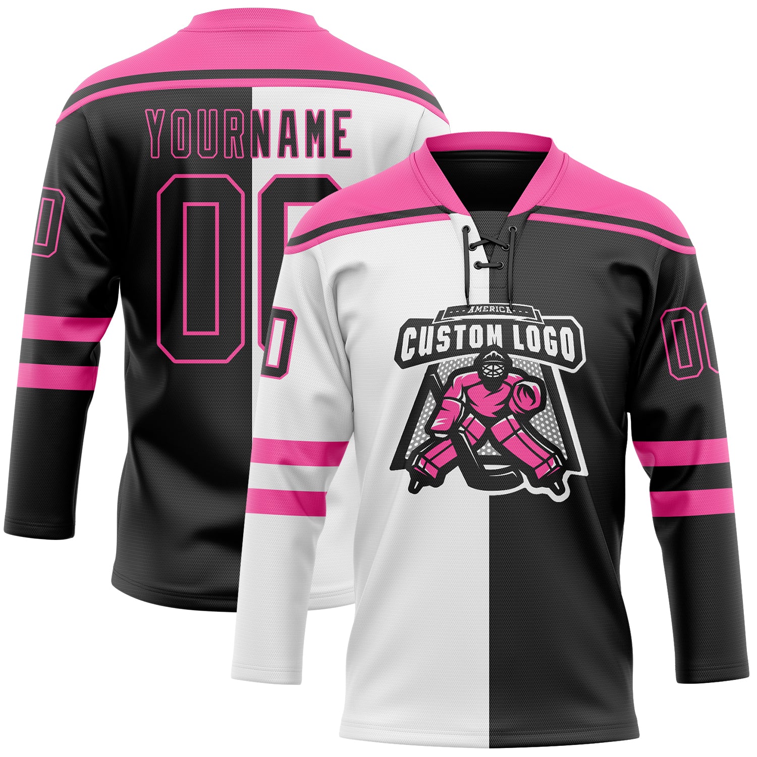 Custom Black Pink-White Split Fashion Hockey Lace Neck Jersey