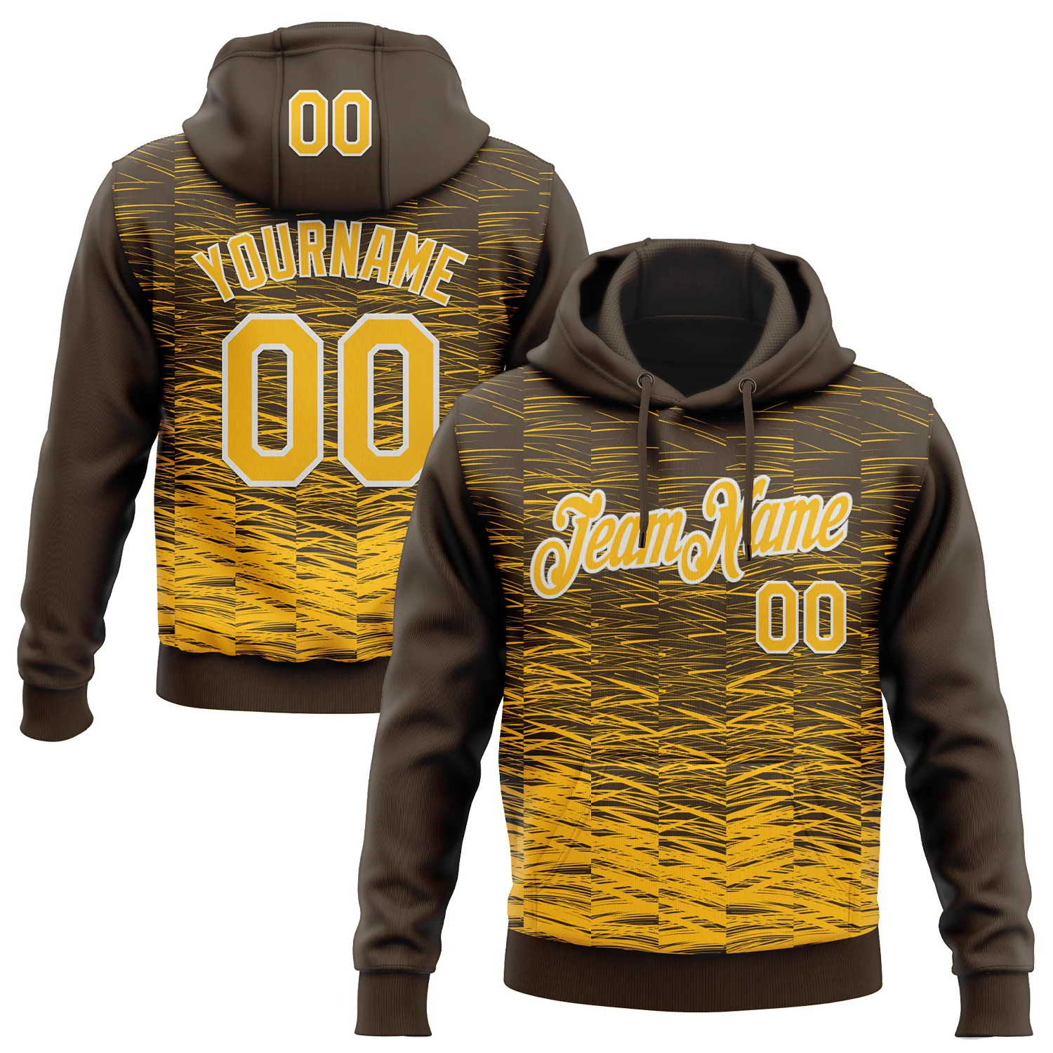 Custom Stitched Brown Gold-White 3D Pattern Design Line Sports Pullover Sweatshirt Hoodie