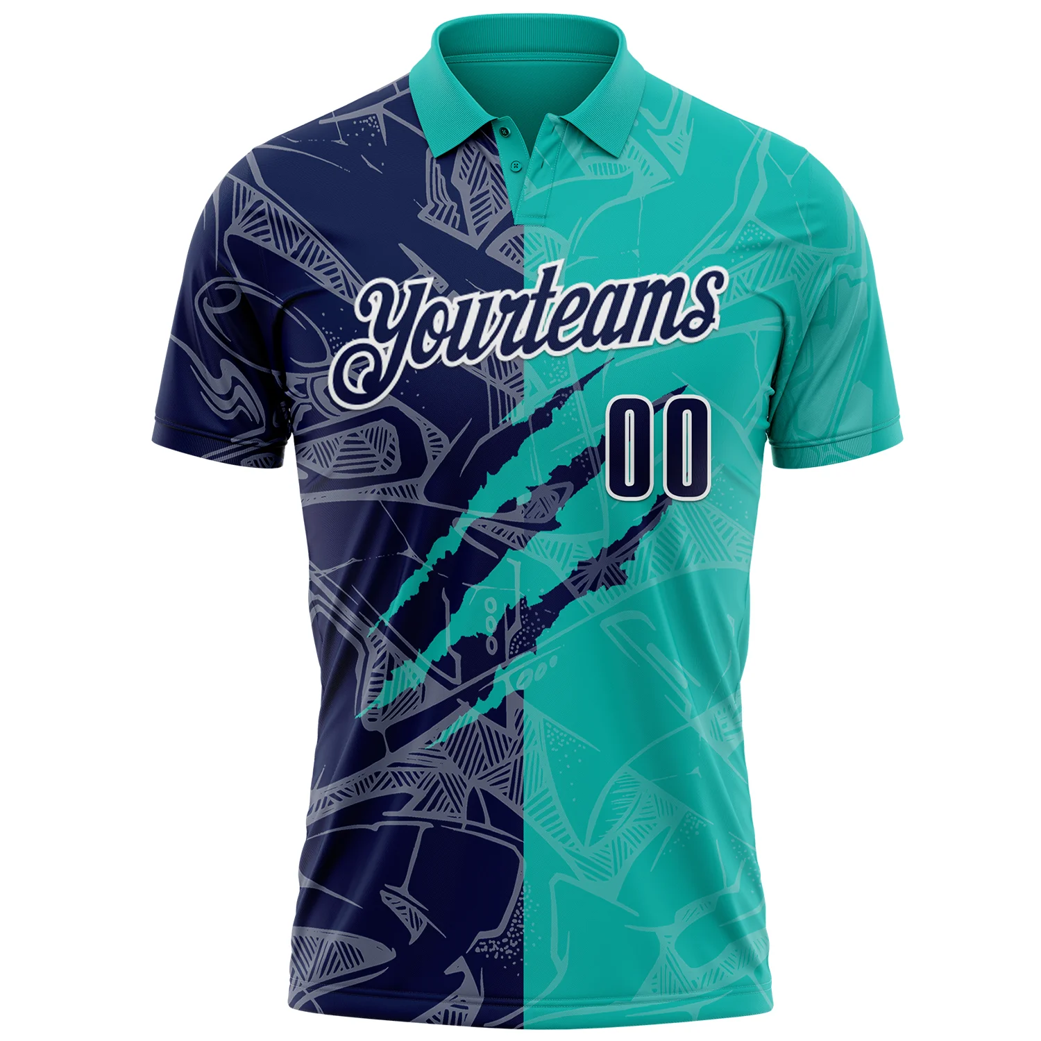 Custom Graffiti Pattern Navy Aqua-White 3D Scratch Performance Polo Shirt