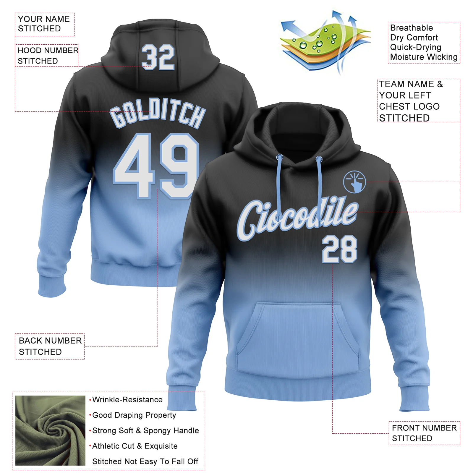 Custom Stitched Black White-Light Blue Fade Fashion Sports Pullover Sweatshirt Hoodie