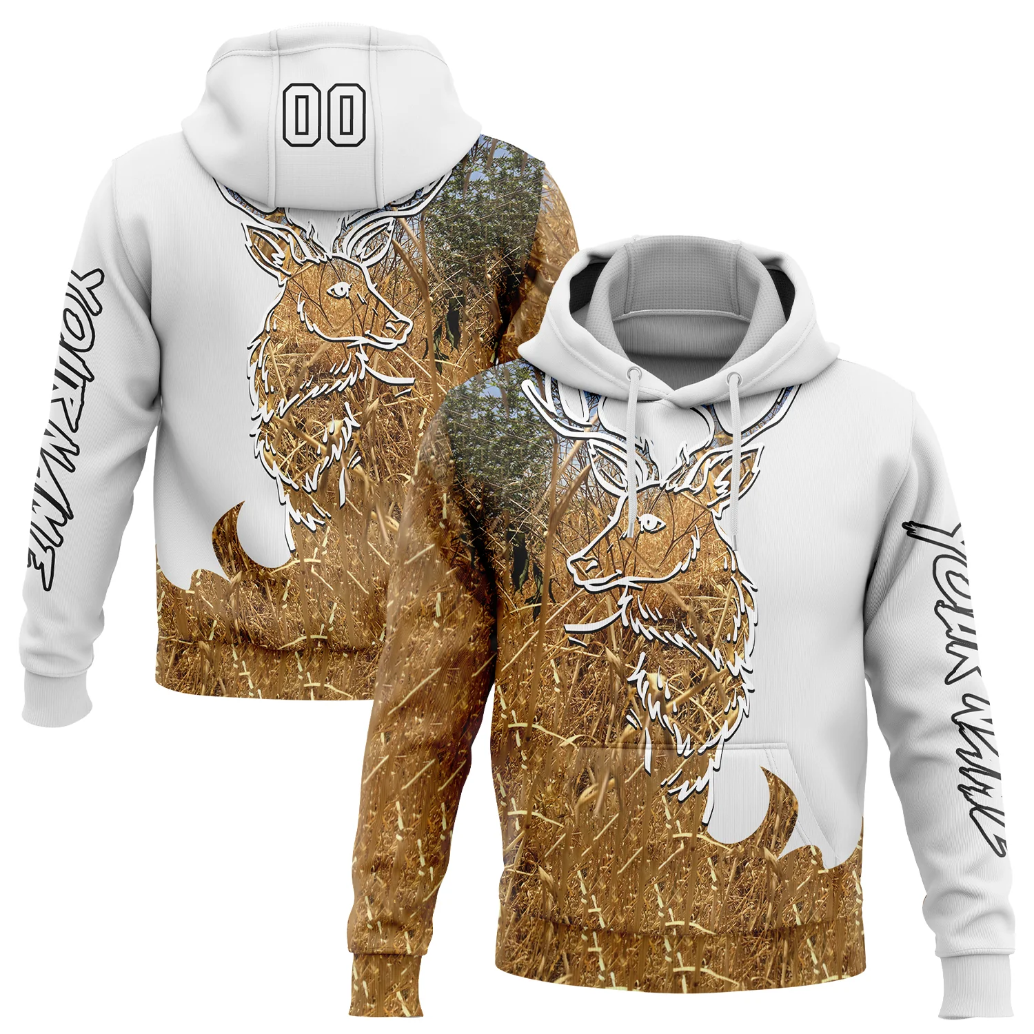 Custom White Black-Old Gold 3D Deer Hunting Sports Pullover Sweatshirt Hoodie