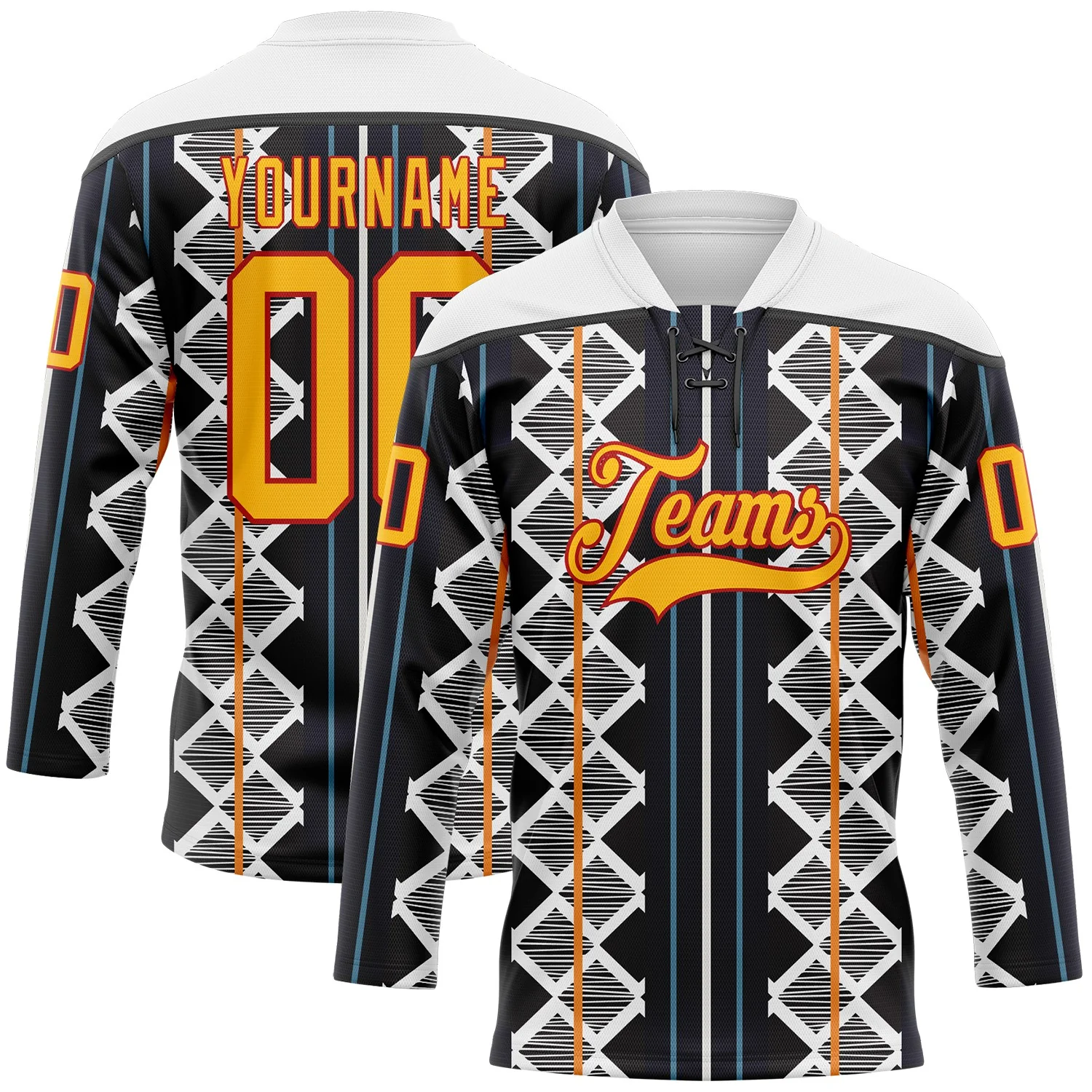 Custom Black Gold Blue Red-White 3D Pattern Design Stripe Geometric Hockey Lace Neck Jersey