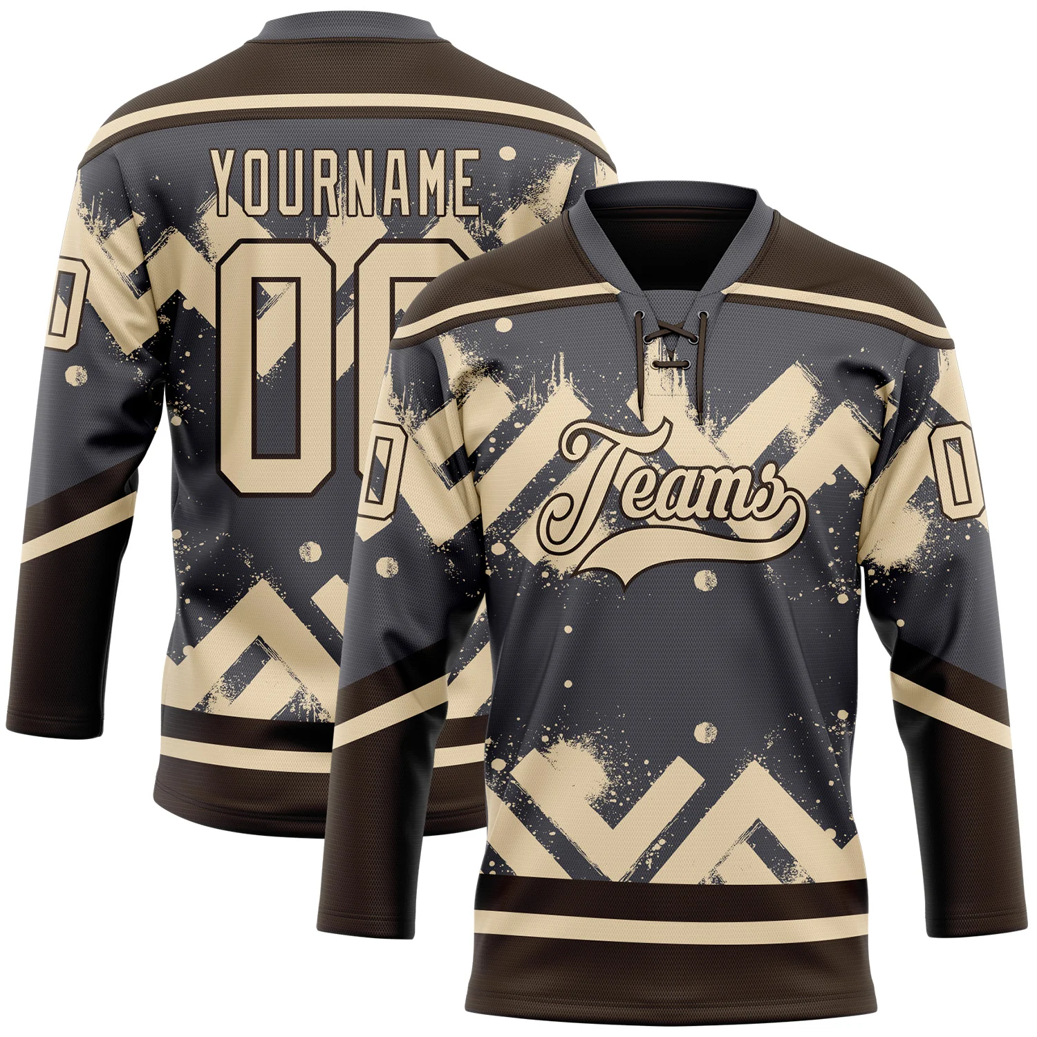 Custom Steel Gray City Cream-Brown 3D Pattern Tribal Indigenous Grunge Geometric Splash Hockey Lace Neck Jersey