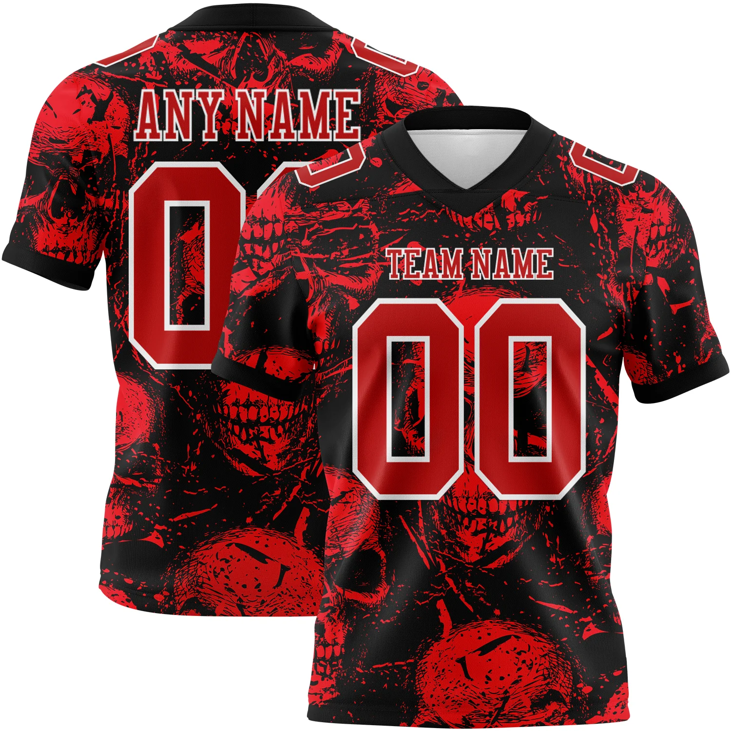 Custom Black Red-White 3D Pattern Halloween Skull Authentic Football Jersey