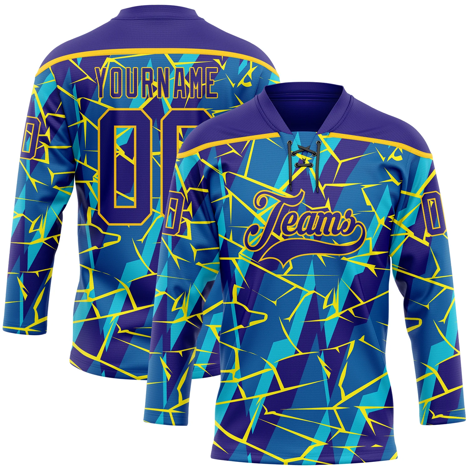 Custom Blue Dark Purple-Yellow 3D Pattern Lightning Hockey Lace Neck Jersey