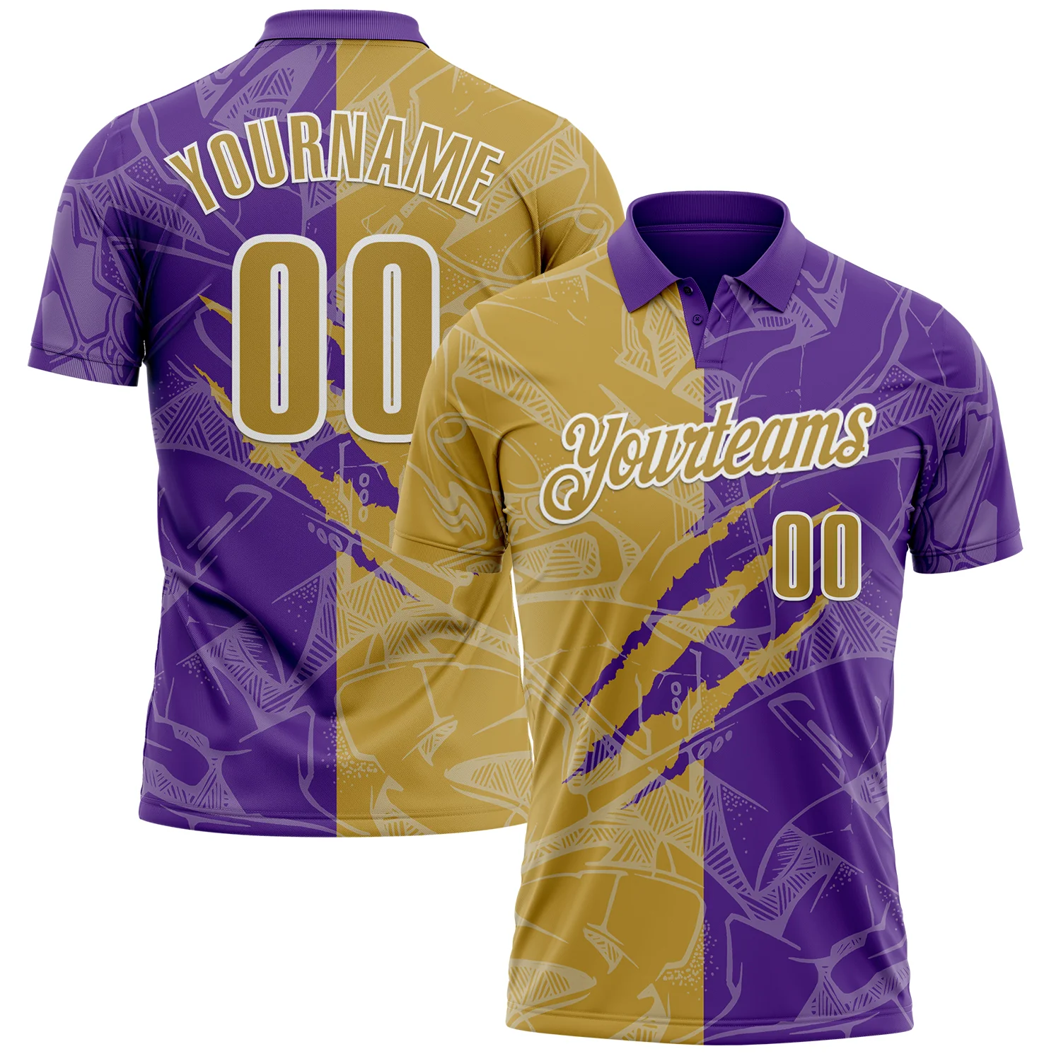 Custom Graffiti Pattern Old Gold Purple-White 3D Scratch Performance Polo Shirt