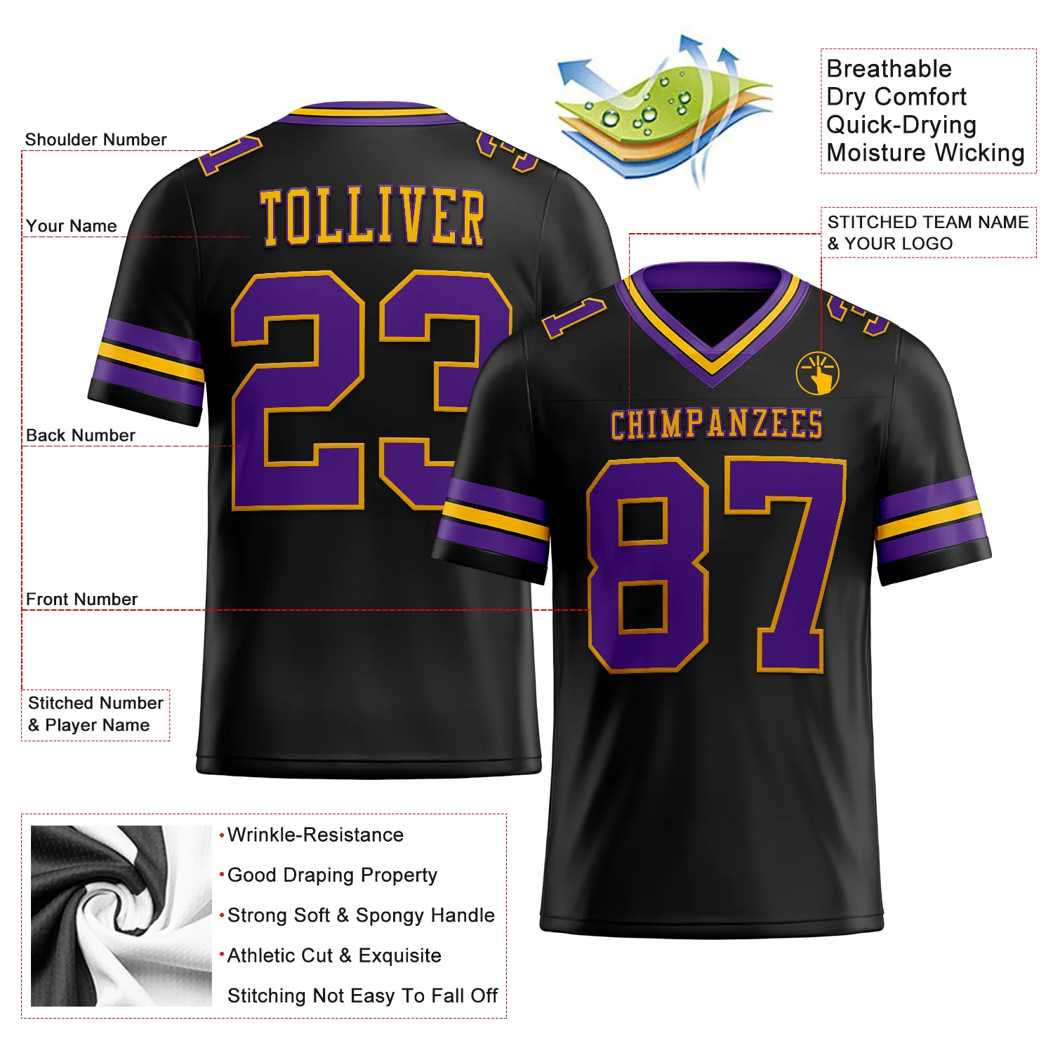 Custom Black Purple-Gold Authentic Football Jersey