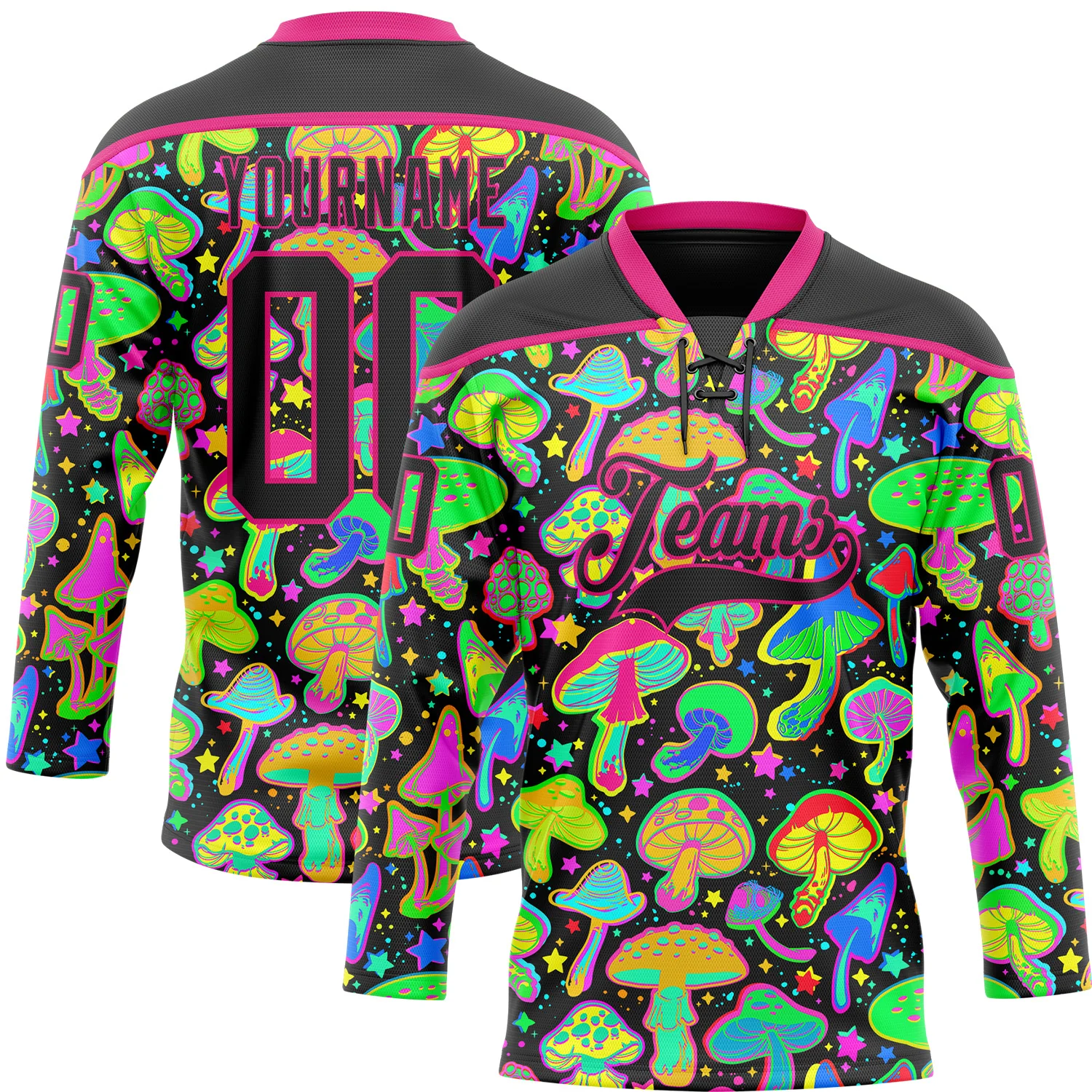 Custom Black Hot Pink 3D Pattern Trippy Psychedelic Magic Mushrooms Hockey Lace Neck Jersey