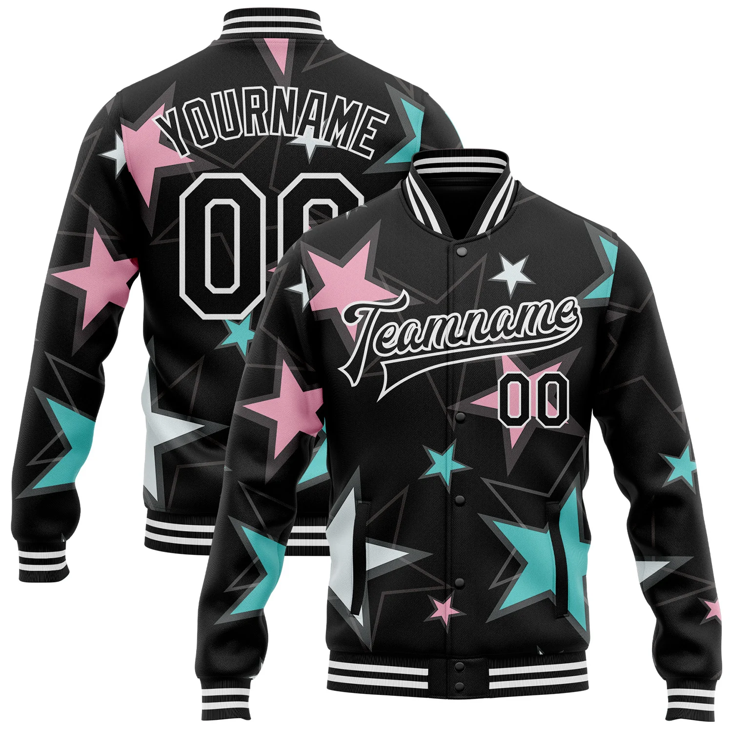 Custom Black White Y2K Stars 3D Pattern Design Bomber Full-Snap Varsity Letterman Jacket