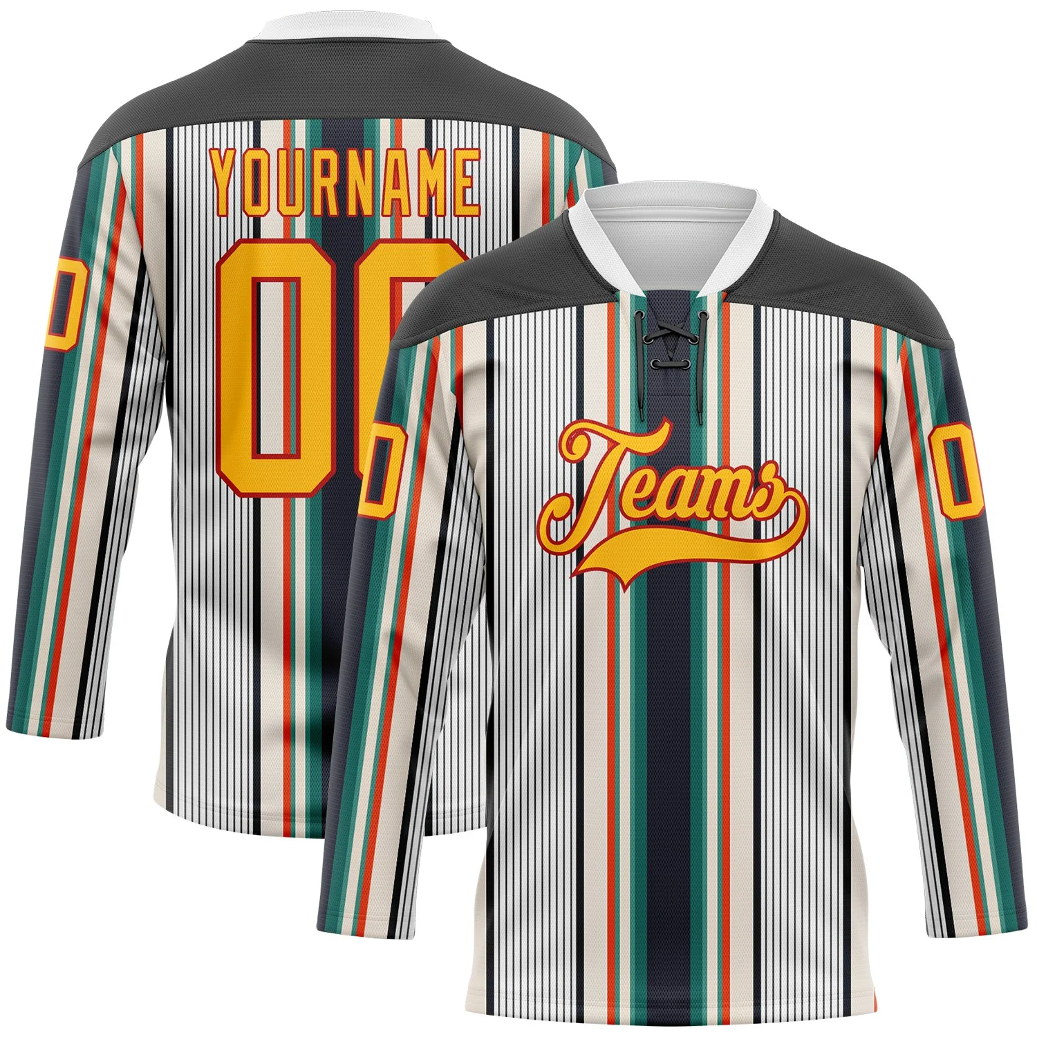 Custom White Gold Black Cream Green-Red 3D Pattern Design Stripe Hockey Lace Neck Jersey