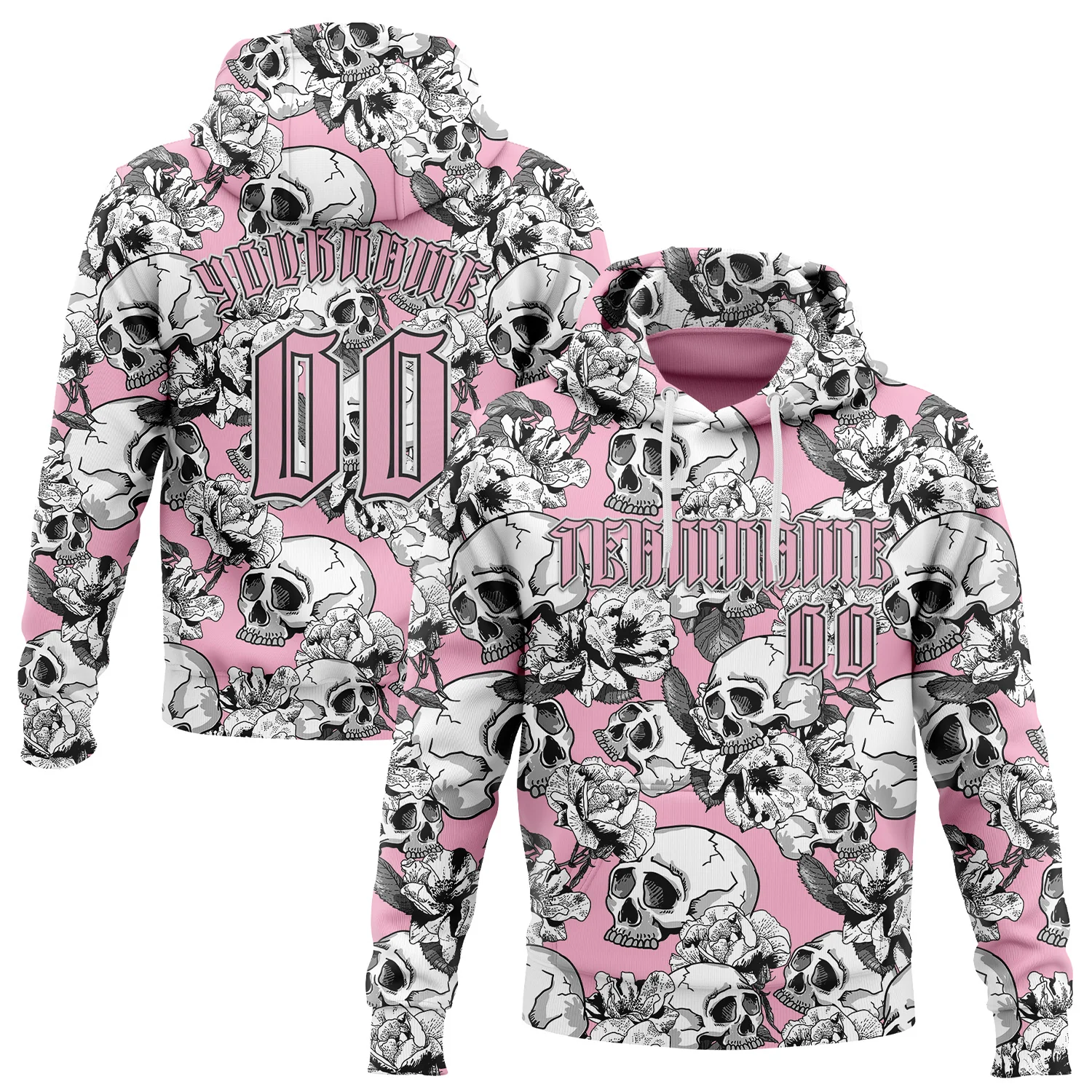 Custom Light Pink Black-White 3D Skull Roses Gothic Sports Pullover Sweatshirt Hoodie