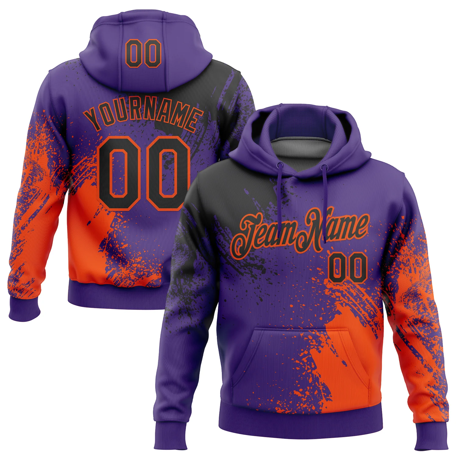 Custom Stitched Purple Black-Orange 3D Pattern Design Abstract Brush Stroke Sports Pullover Sweatshirt Hoodie