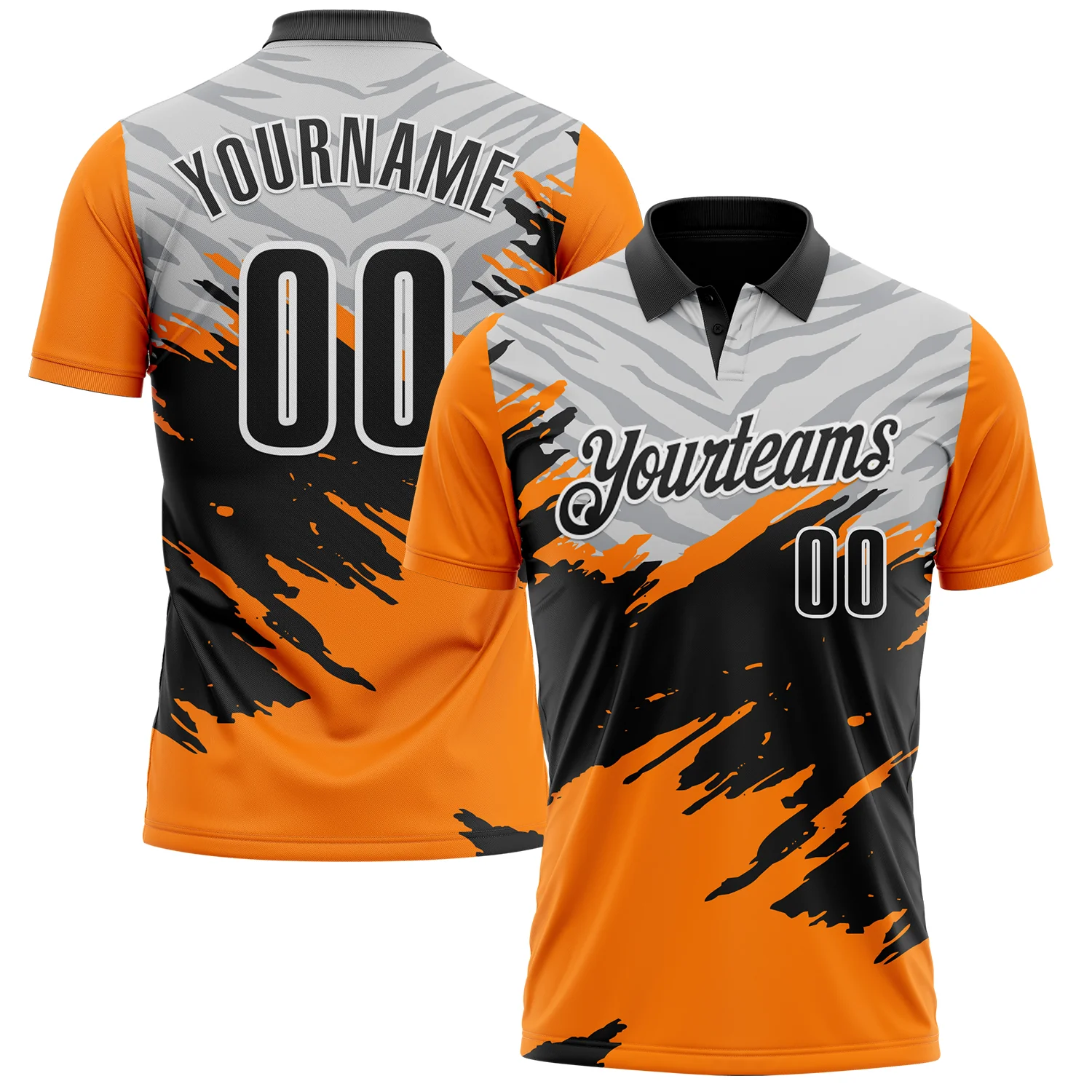 Custom Bay Orange Black Gray-White 3D Pattern Design Splash Performance Polo Shirt