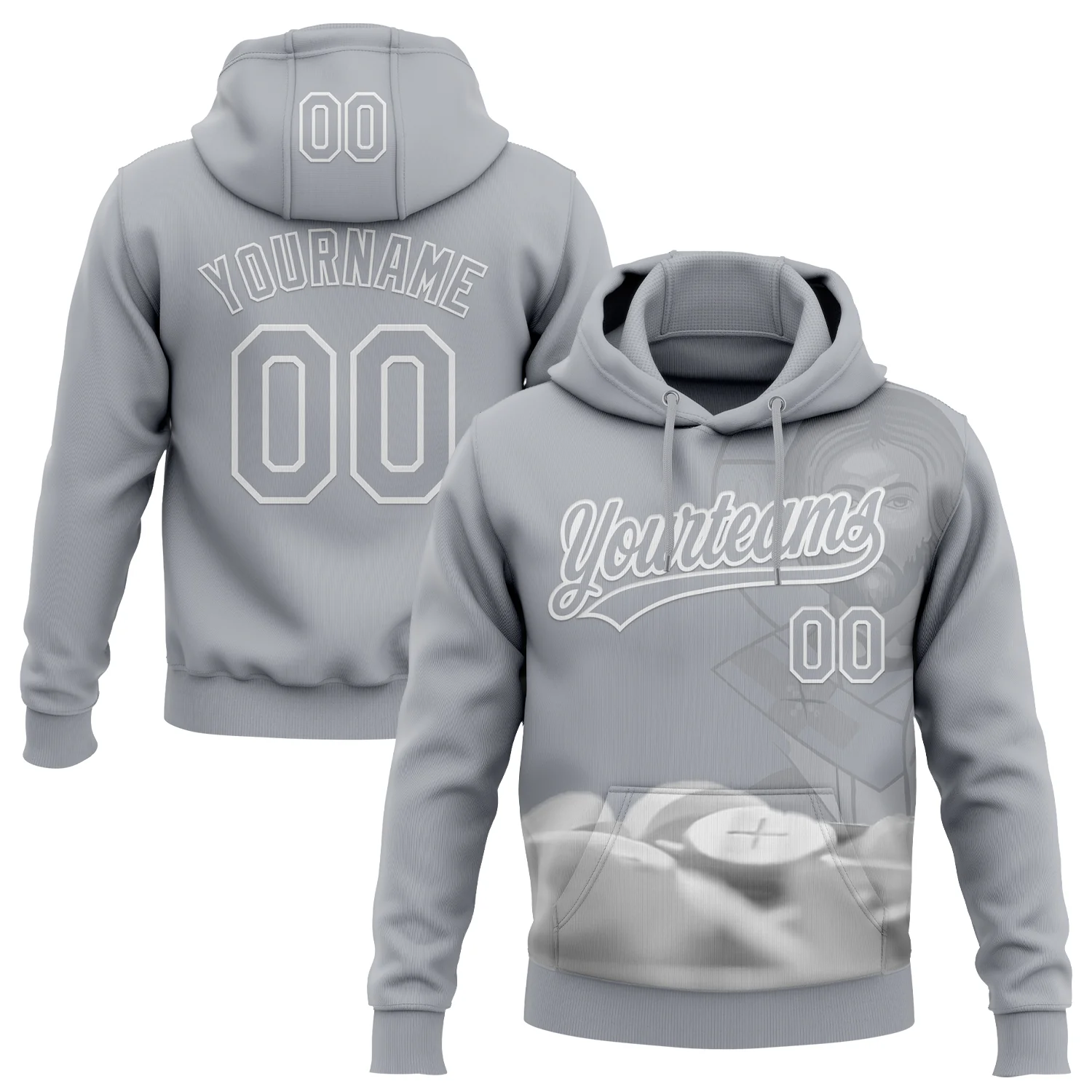 Custom Stitched Gray White 3D Pattern Design Religion Jesus Christ Pullover Sweatshirt Hoodie