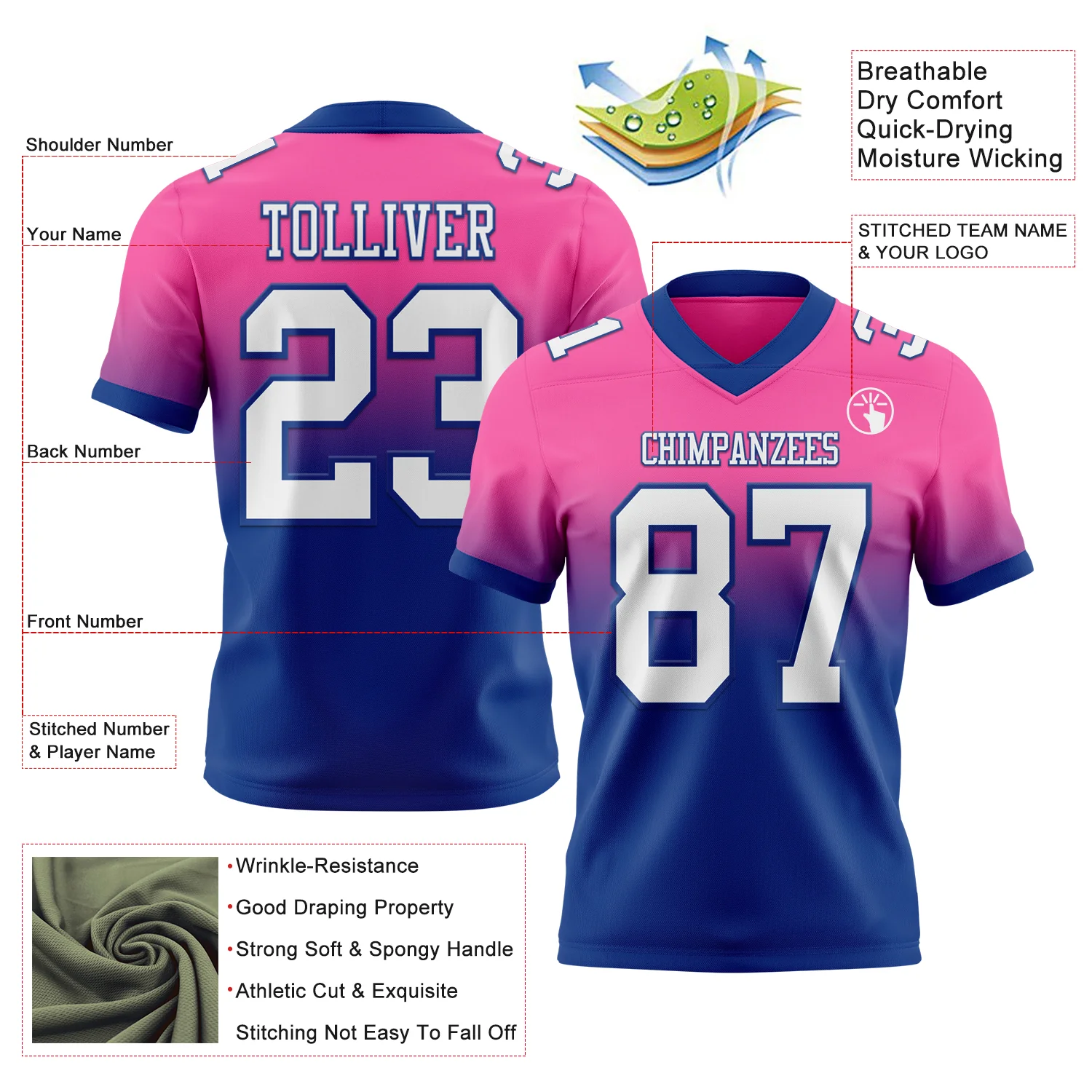 Custom Pink White-Royal Authentic Fade Fashion Football Jersey