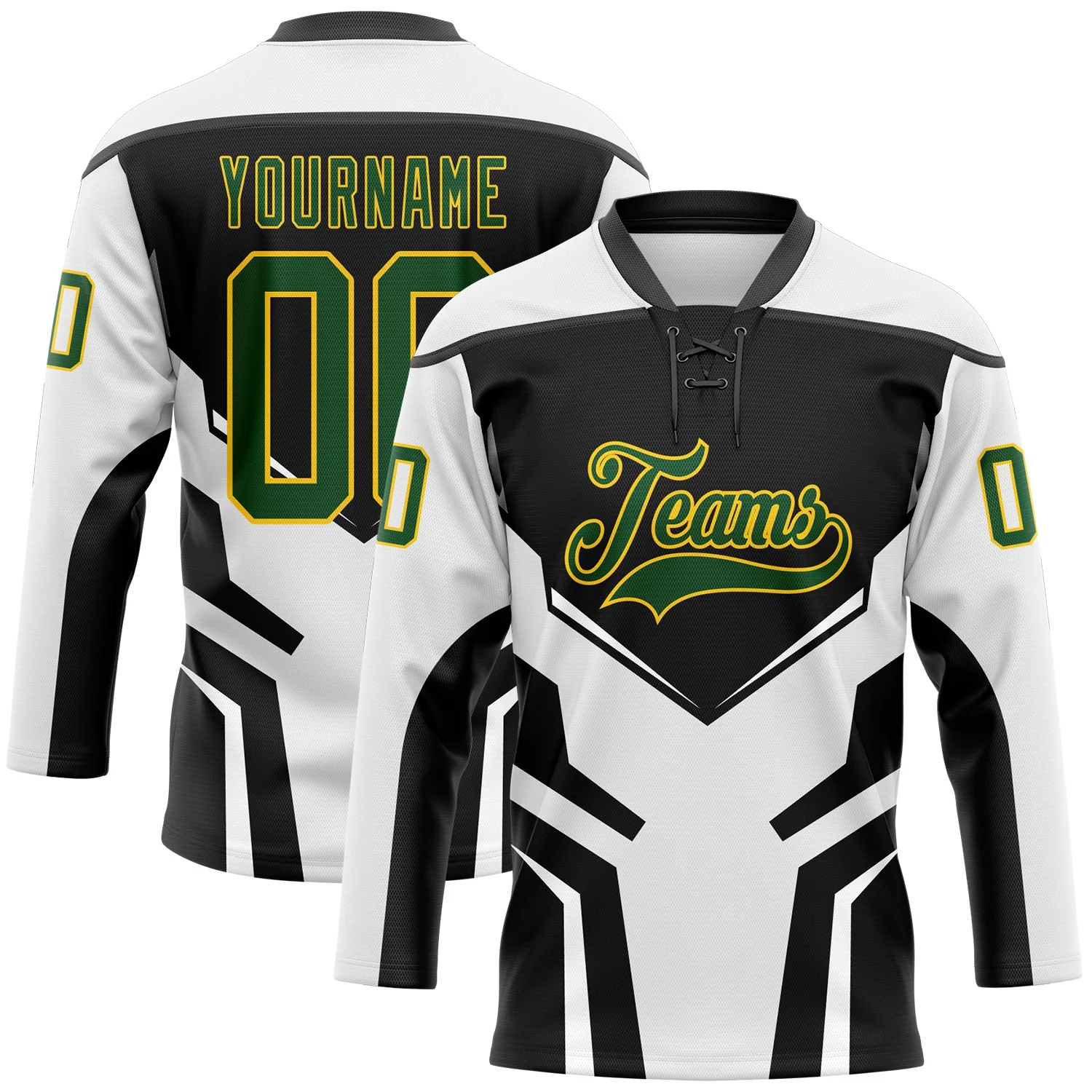 Custom White Green Black-Yellow 3D Abstract Pattern Graphic Cyber Mecha E-sport Hockey Lace Neck Jersey