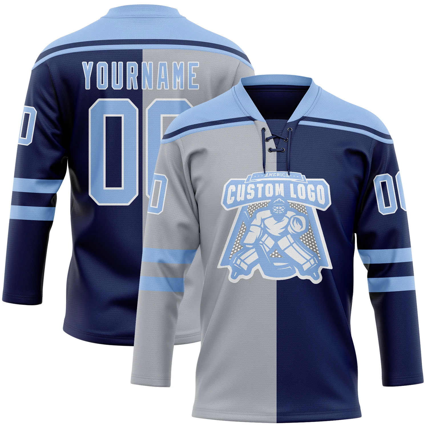 Custom Navy Light Blue Gray-White Split Fashion Hockey Lace Neck Jersey