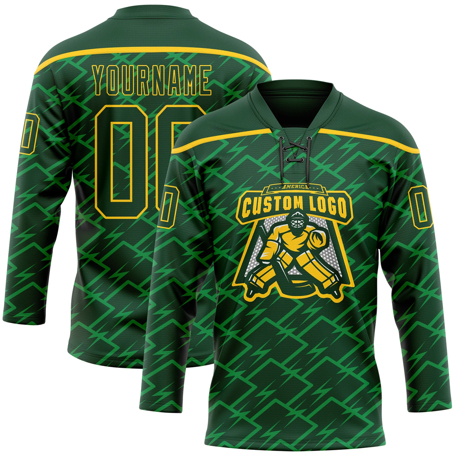 Custom Green Yellow 3D Pattern Lightning Hockey Lace Neck Jersey