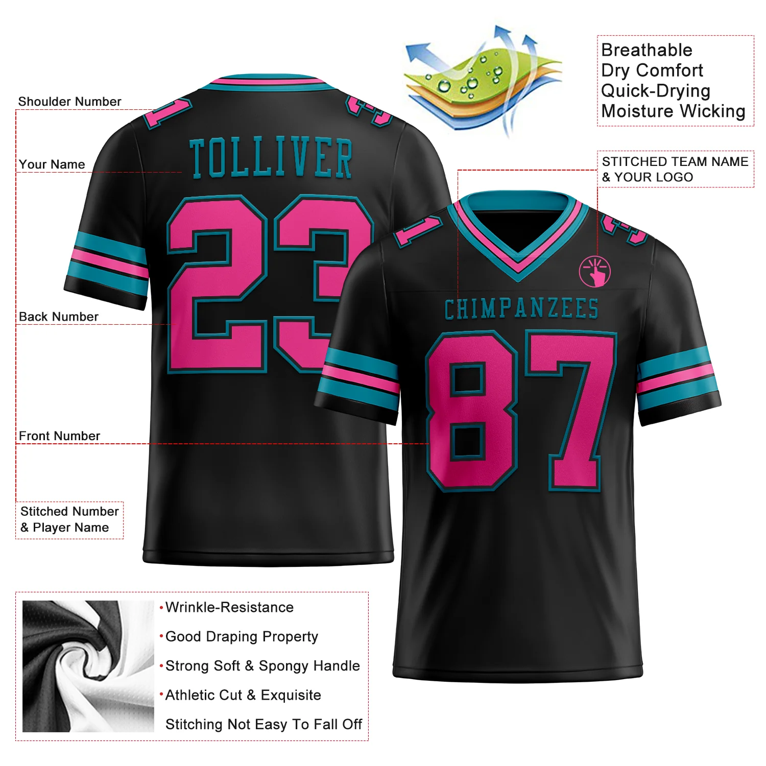 Custom Black Pink-Teal Authentic Football Jersey