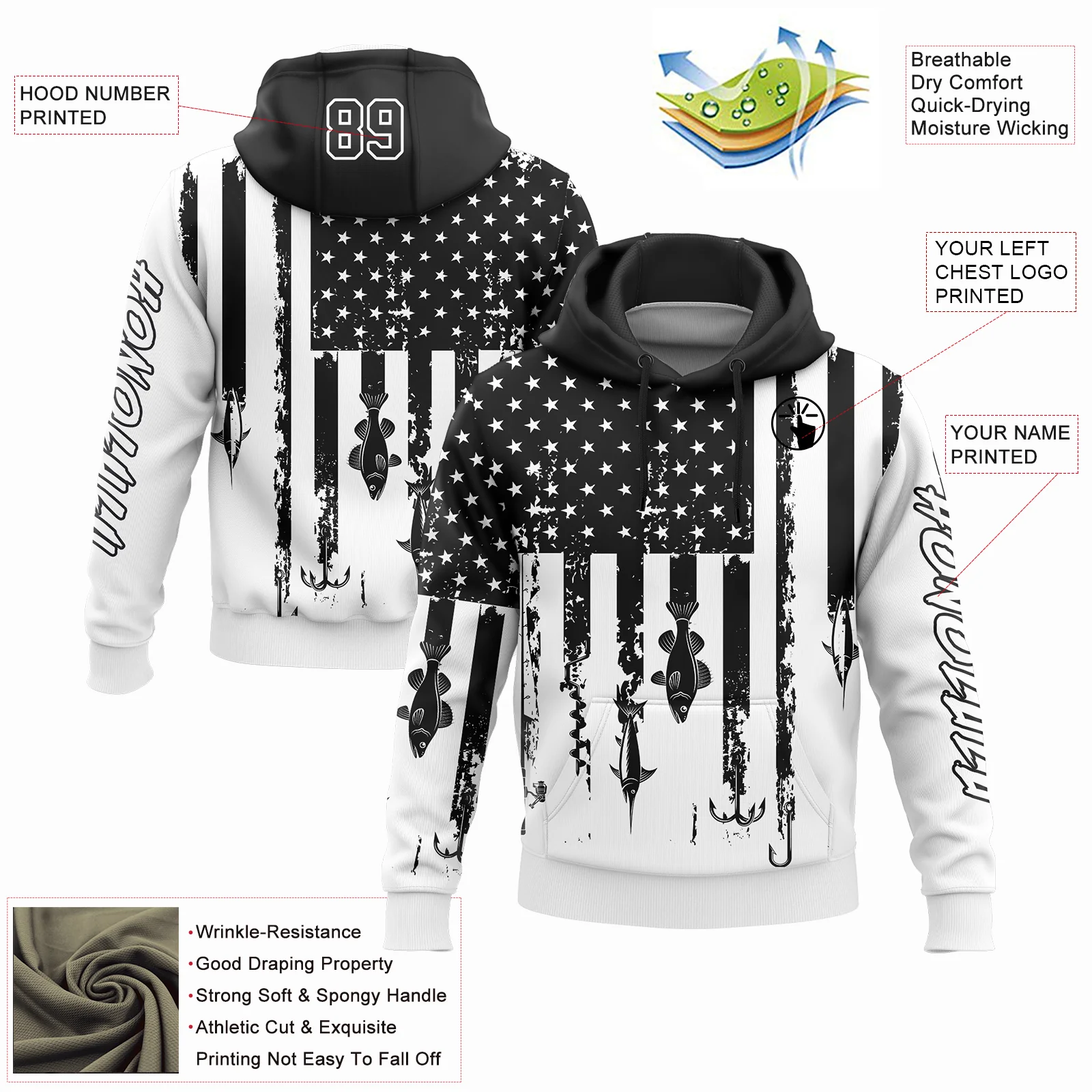 Custom White Black 3D American Flag And Fish Hook Fishing Sports Pullover Sweatshirt Hoodie