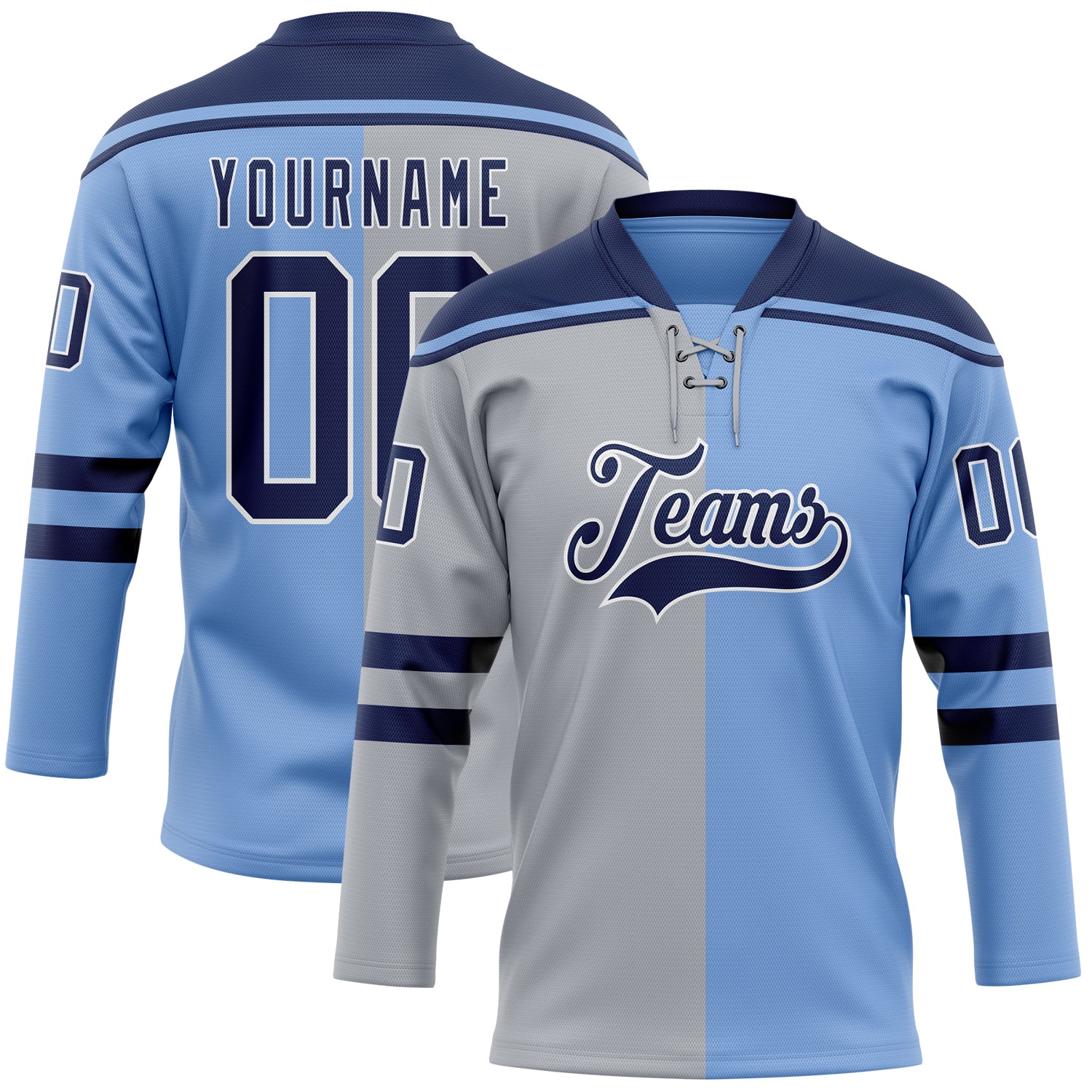 Custom Powder Blue Navy Gray-White Split Fashion Hockey Lace Neck Jersey