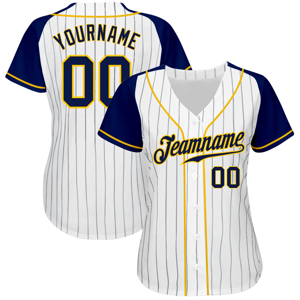 Custom White Navy Pinstripe Navy-Gold Authentic Raglan Sleeves Baseball Jersey