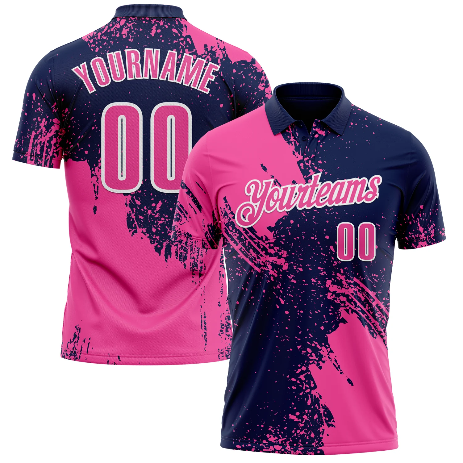 Custom Pink Navy-White 3D Pattern Design Abstract Brush Stroke Performance Polo Shirt