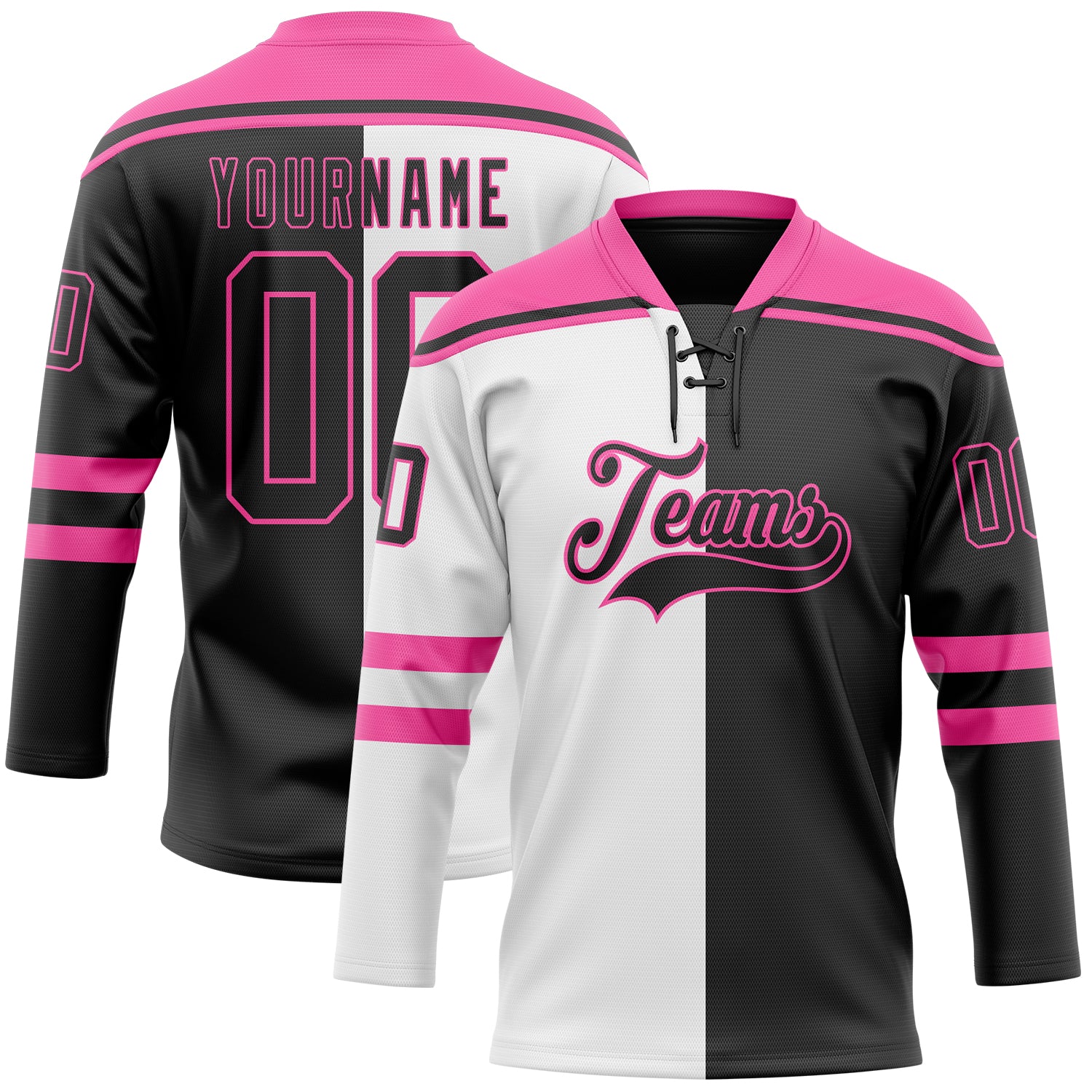 Custom Black Pink-White Split Fashion Hockey Lace Neck Jersey