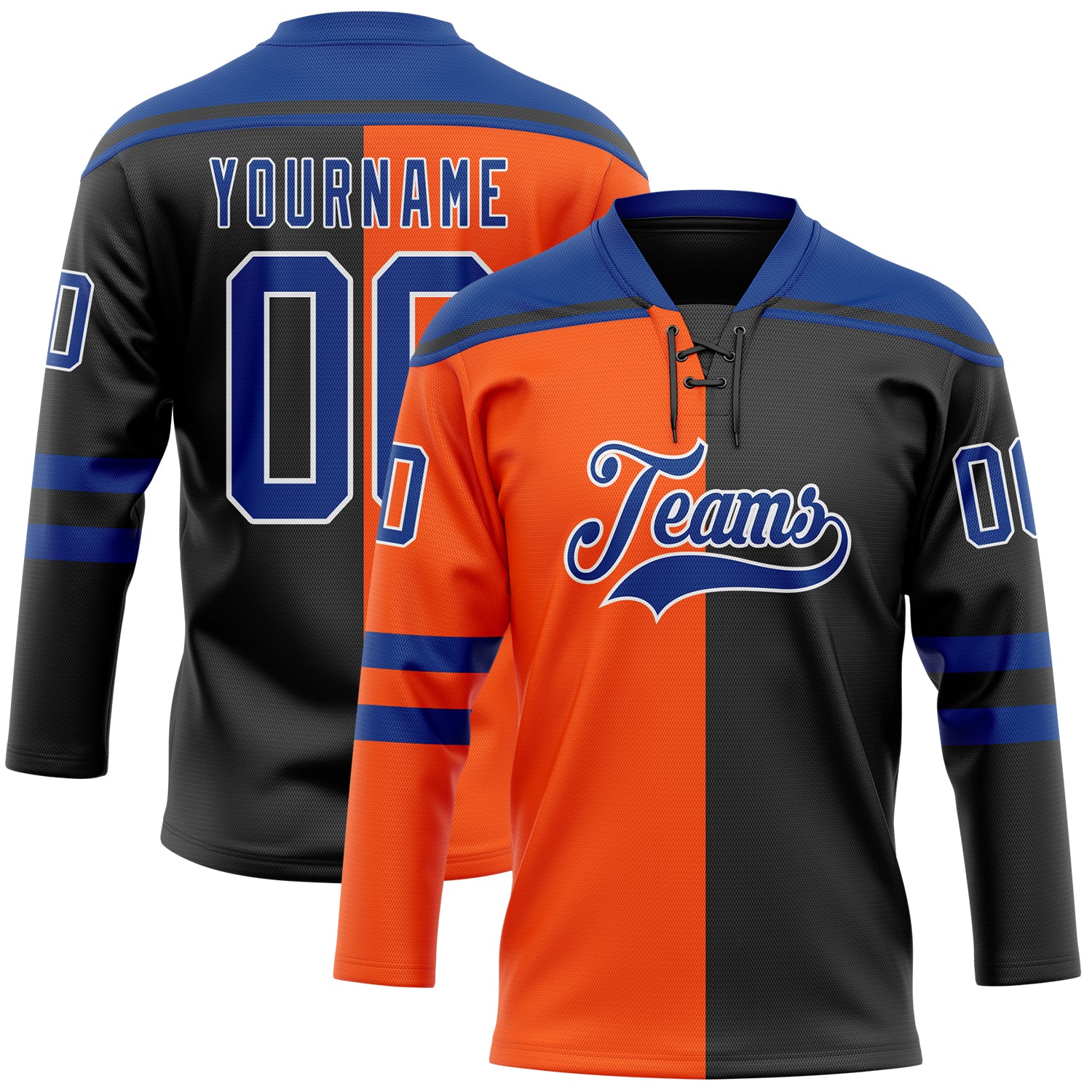 Custom Black Royal Orange-White Split Fashion Hockey Lace Neck Jersey