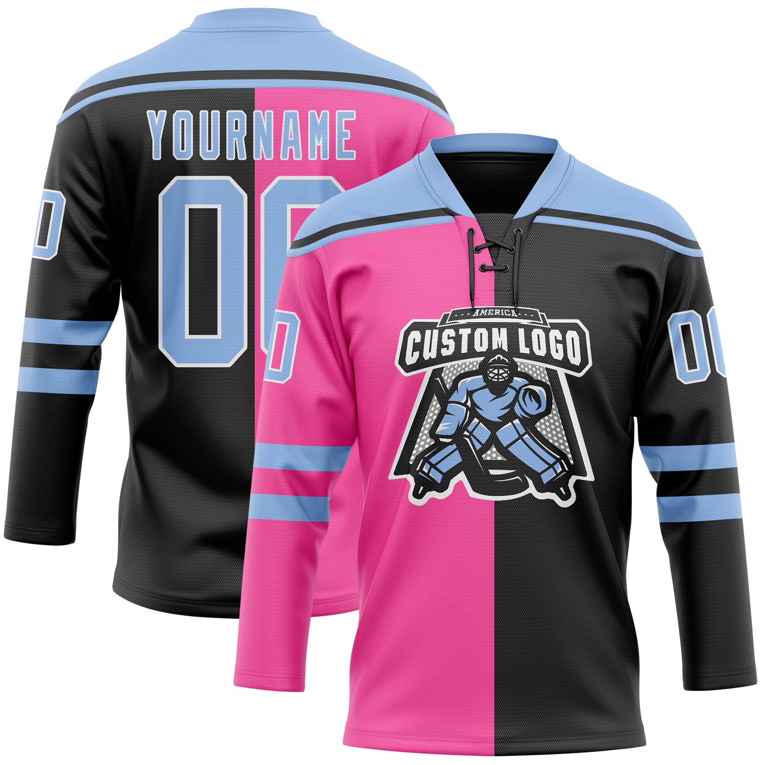 Custom Black Light Blue Pink-White Split Fashion Hockey Lace Neck Jersey