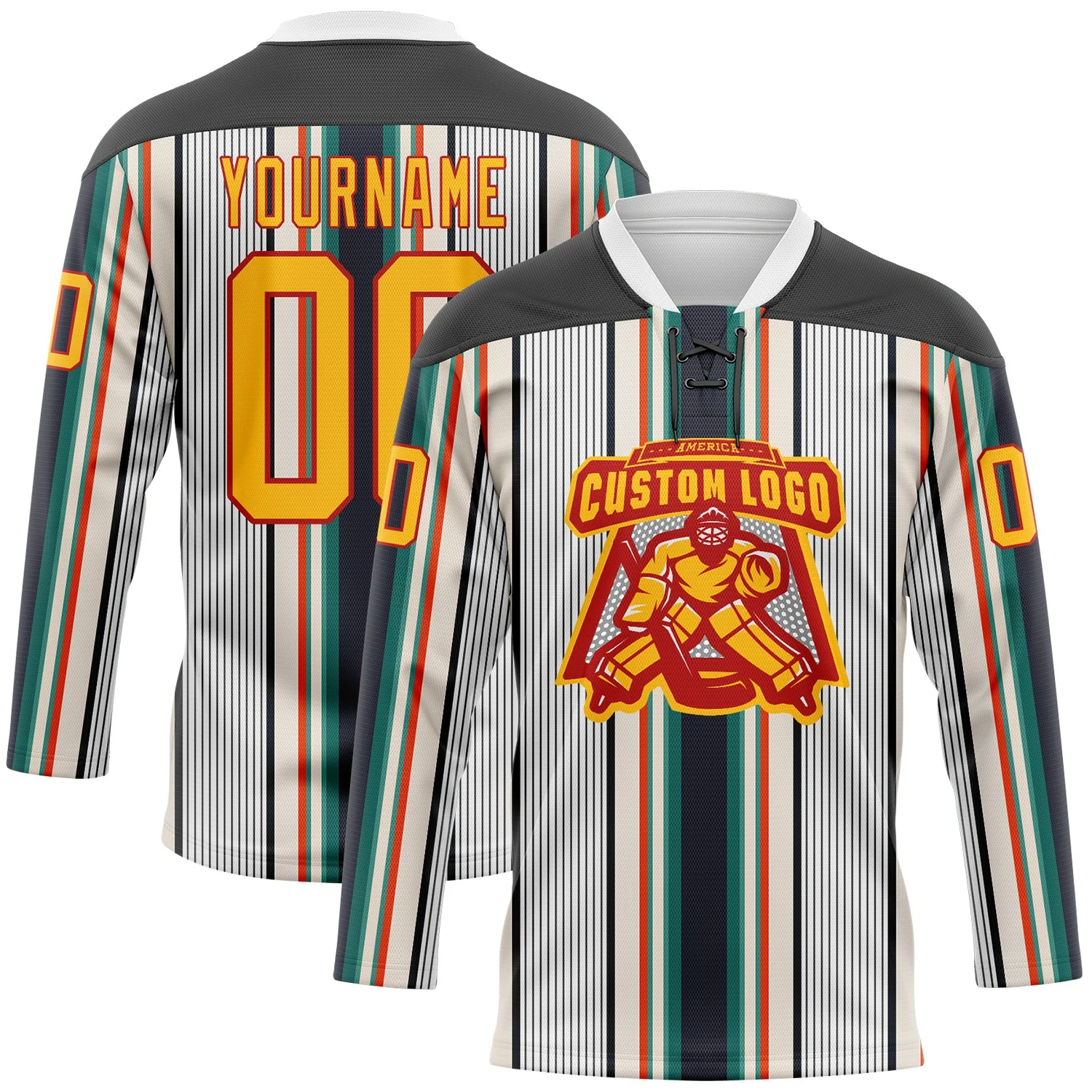 Custom White Gold Black Cream Green-Red 3D Pattern Design Stripe Hockey Lace Neck Jersey