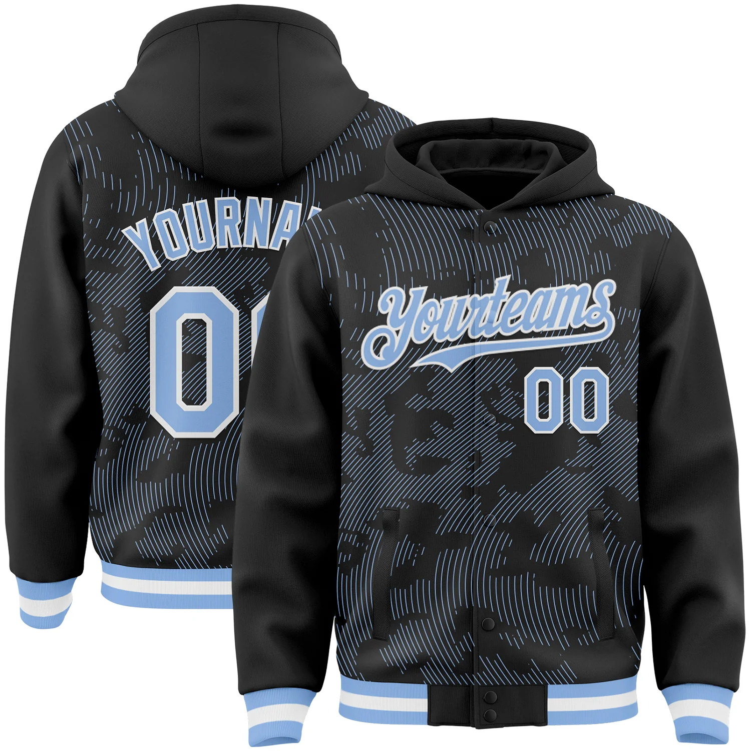 Custom Black Light Blue-White Curve Lines 3D Pattern Design Bomber Full-Snap Varsity Letterman Hoodie Jacket