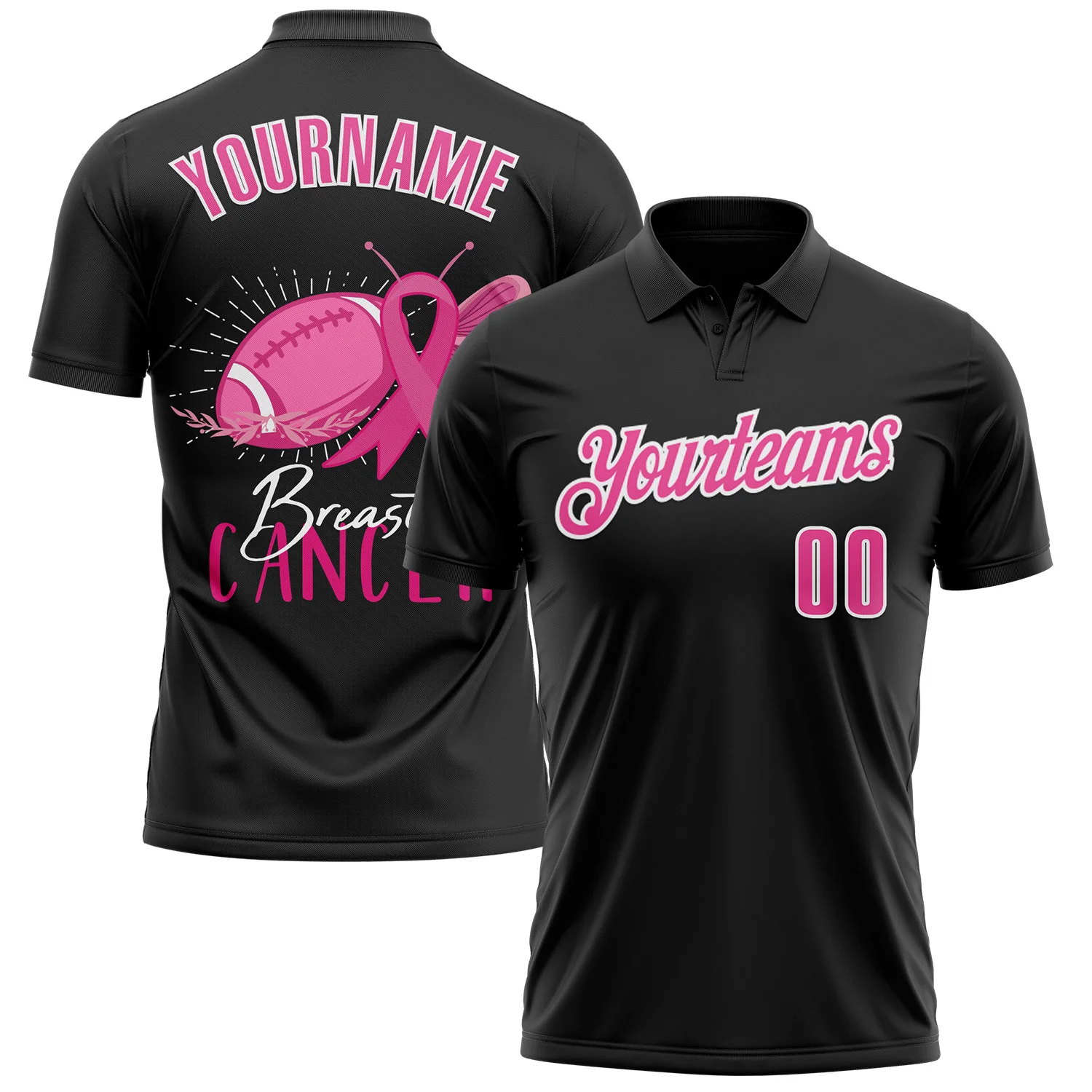 Custom Black Pink-White 3D Pink Ribbon Breast Cancer Awareness Month Women Health Care Support Footballl Performance Polo Shirt