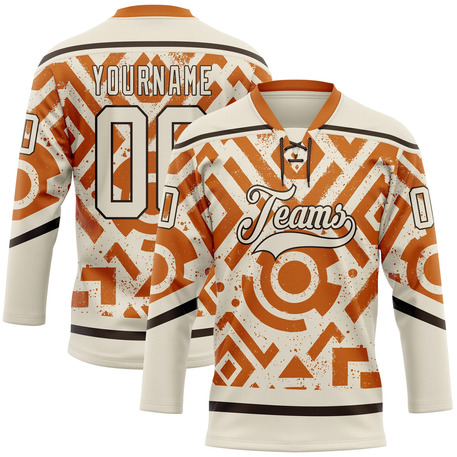 Custom Cream Texas Orange-Brown 3D Pattern Tribal Indigenous Grunge Geometric Splash Hockey Lace Neck Jersey