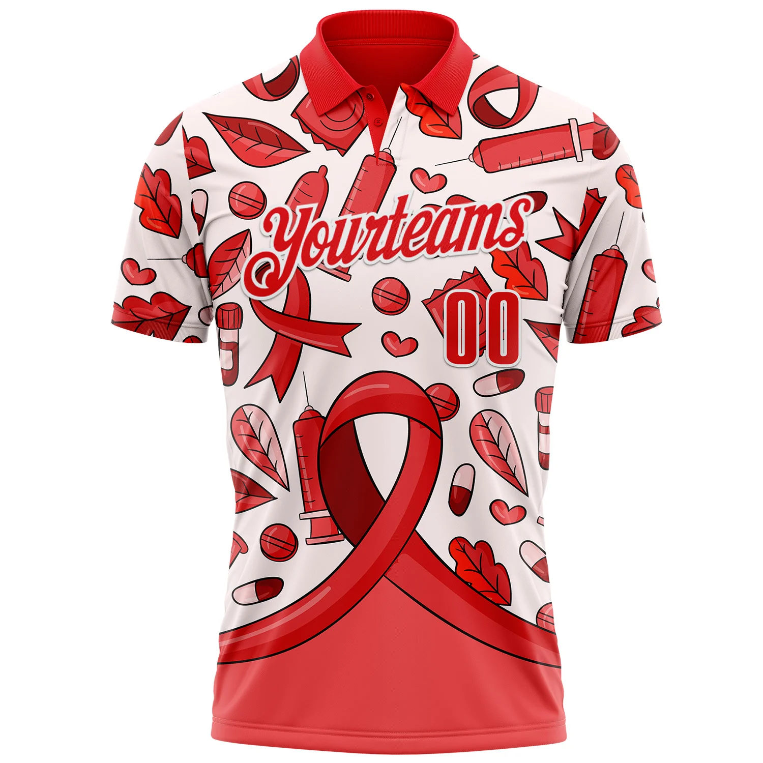 Custom Fire Red White 3D Pattern Design Red Ribbon Blood Cancer Cancer Awareness Performance Polo Shirt