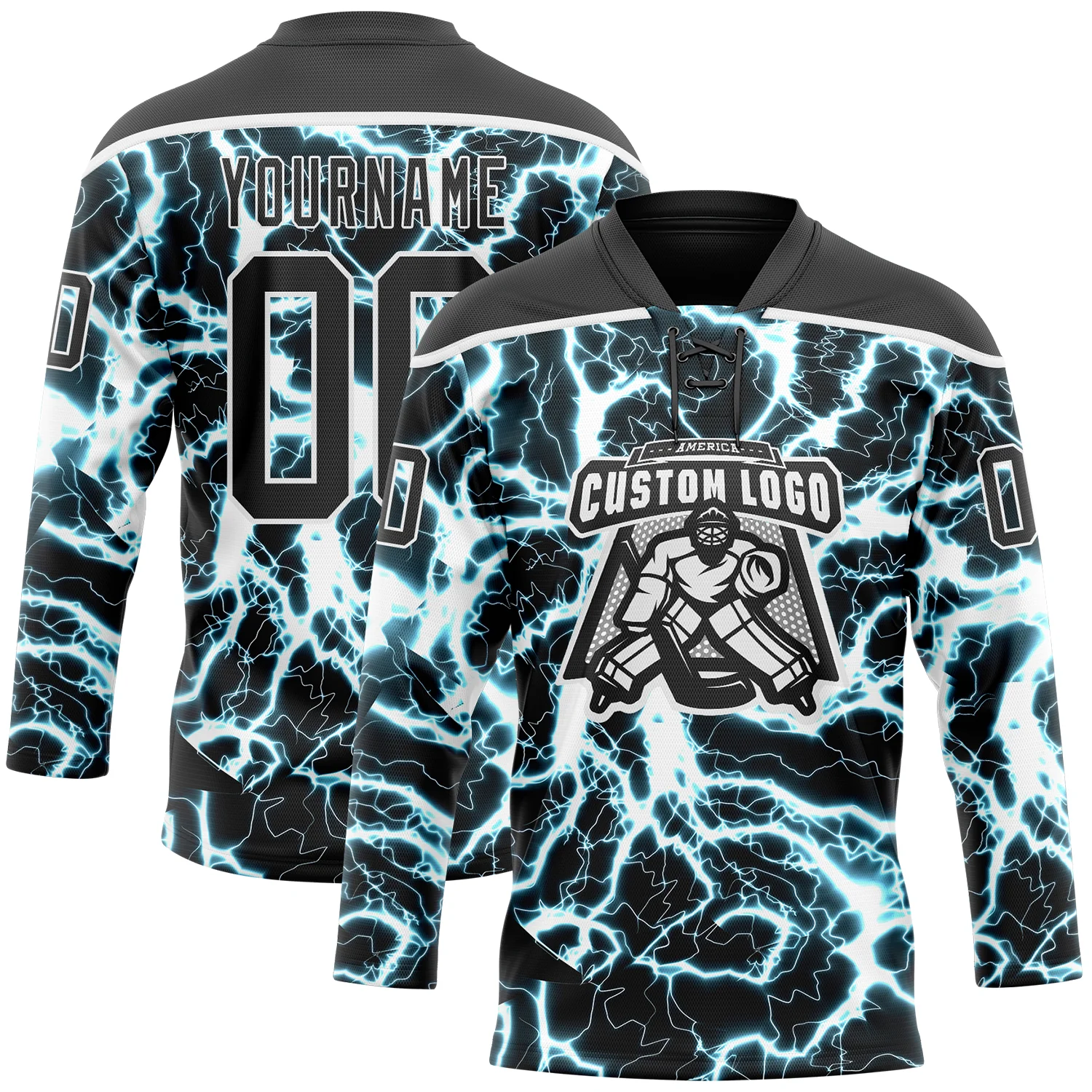 Custom Black Blue-White 3D Pattern Lightning Hockey Lace Neck Jersey