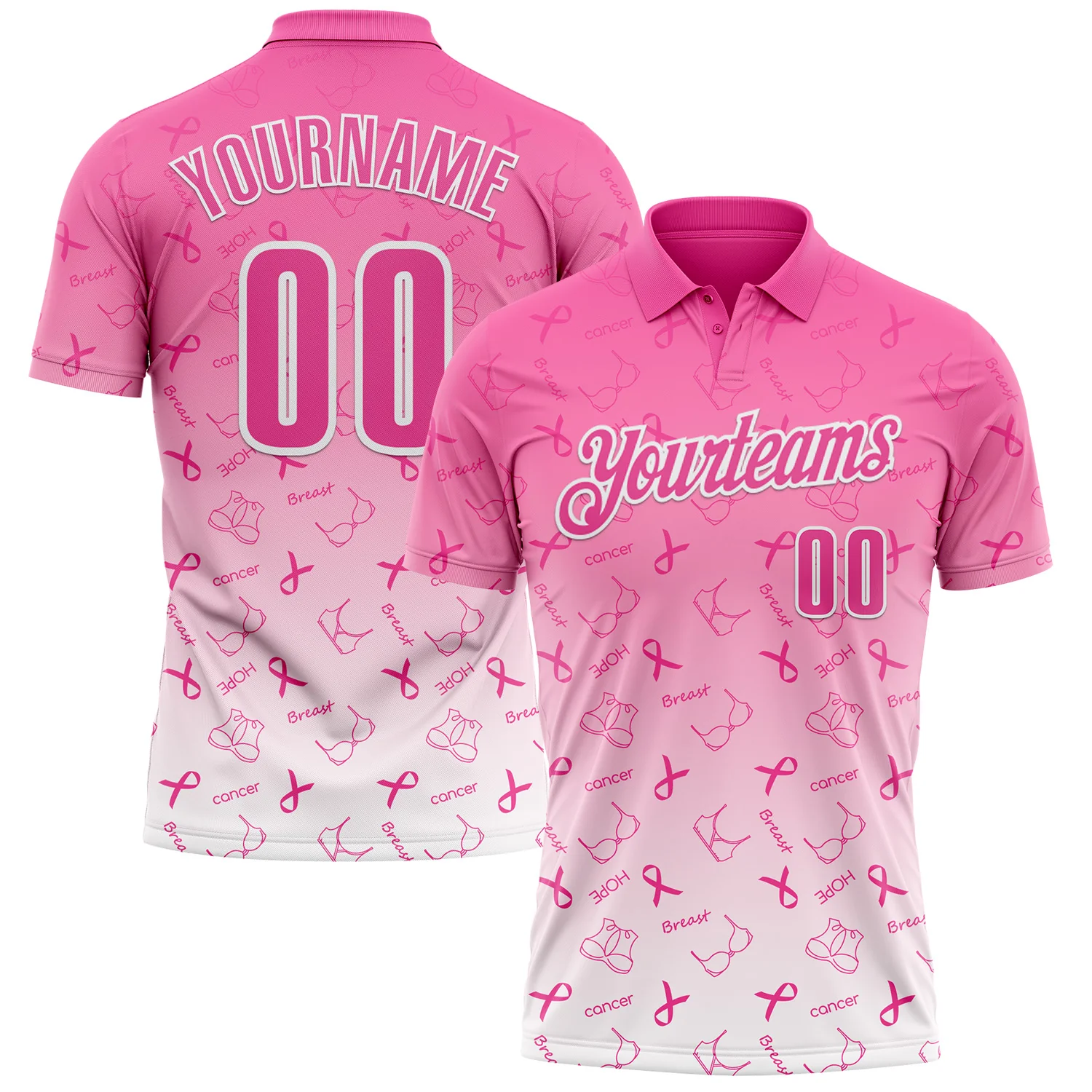 Custom Pink White 3D Gradient Pink Ribbon Breast Cancer Awareness Month Women Health Care Support Performance Polo Shirt