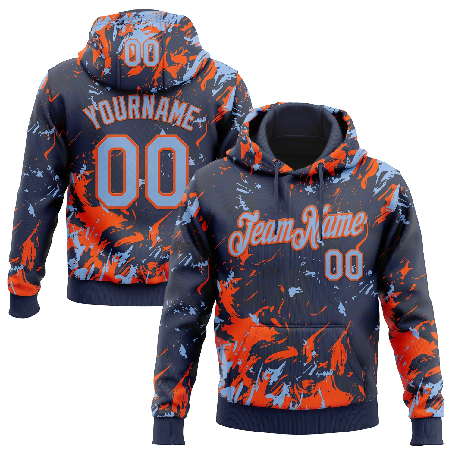 Custom Stitched Navy Light Blue-Orange 3D Pattern Design Splash Sports Pullover Sweatshirt Hoodie