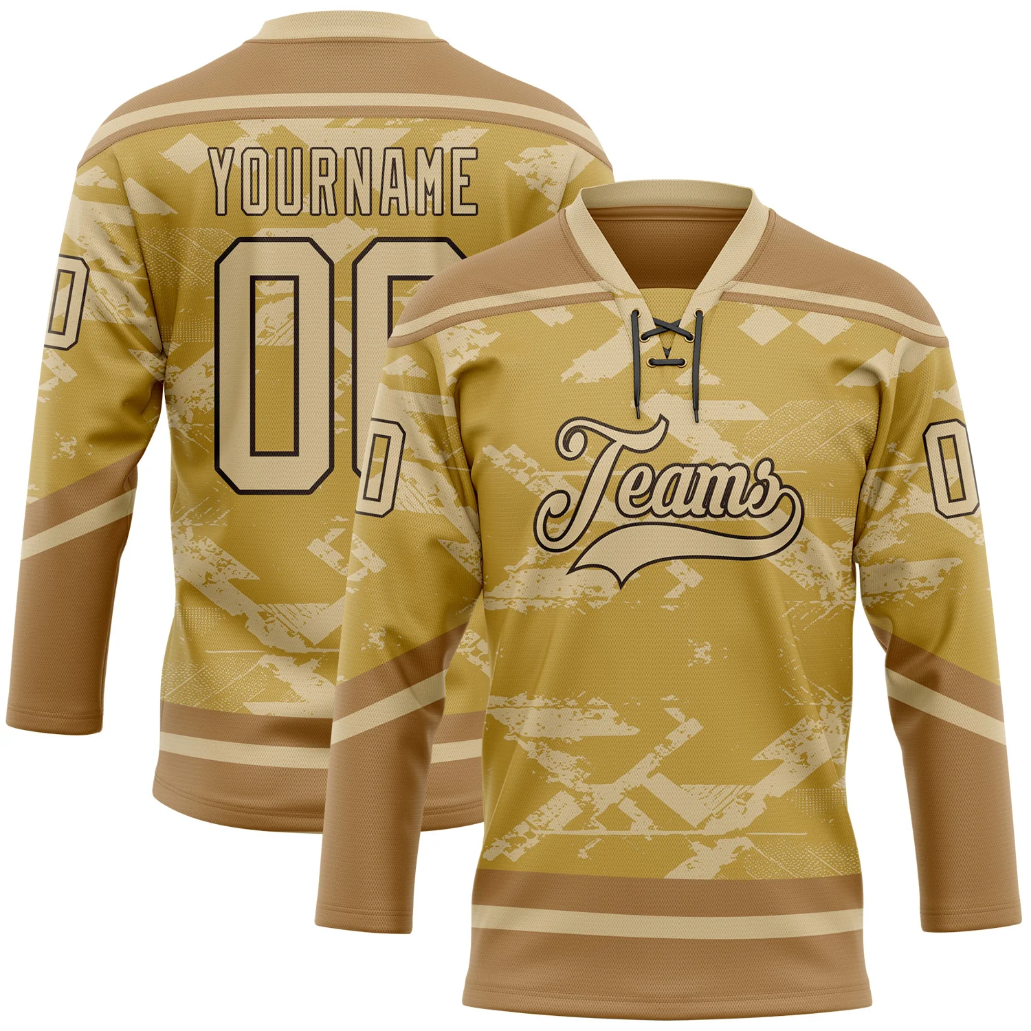 Custom Old Gold Vegas Gold Brown-Black 3D Pattern Tribal Indigenous Grunge Splash Hockey Lace Neck Jersey