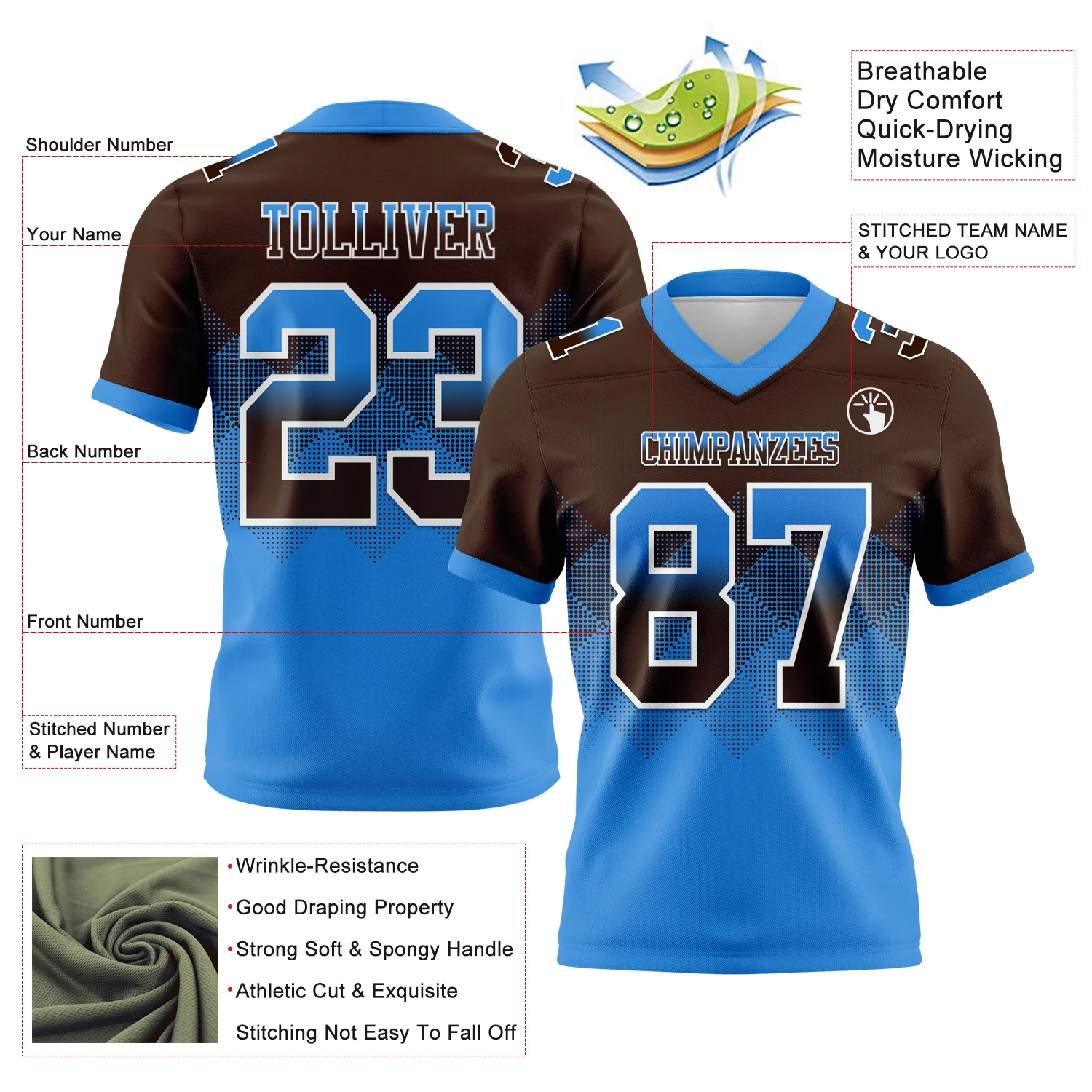 Custom Brown Powder Blue-White Authentic Gradient Square Shape Flag Football Jersey