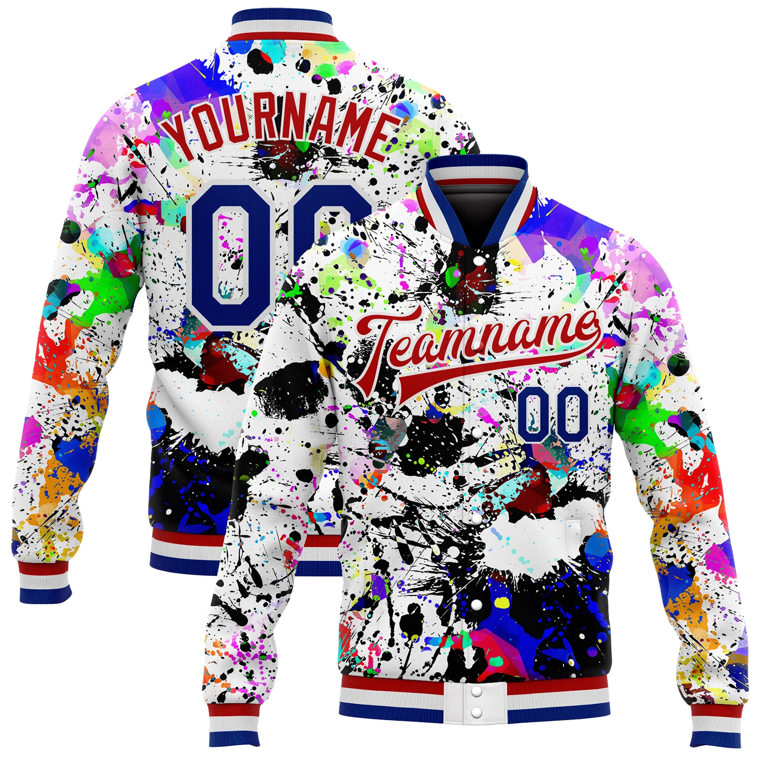 Custom Graffiti Pattern Royal-Red Splashes 3D Bomber Full-Snap Varsity Letterman Jacket