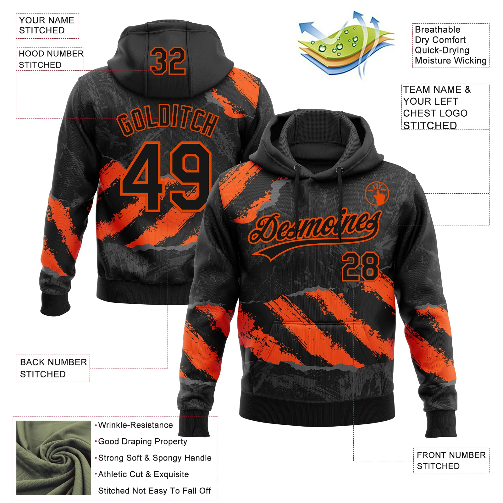 Custom Stitched Black Orange-Steel Gray 3D Pattern Design Splash Sports Pullover Sweatshirt Hoodie